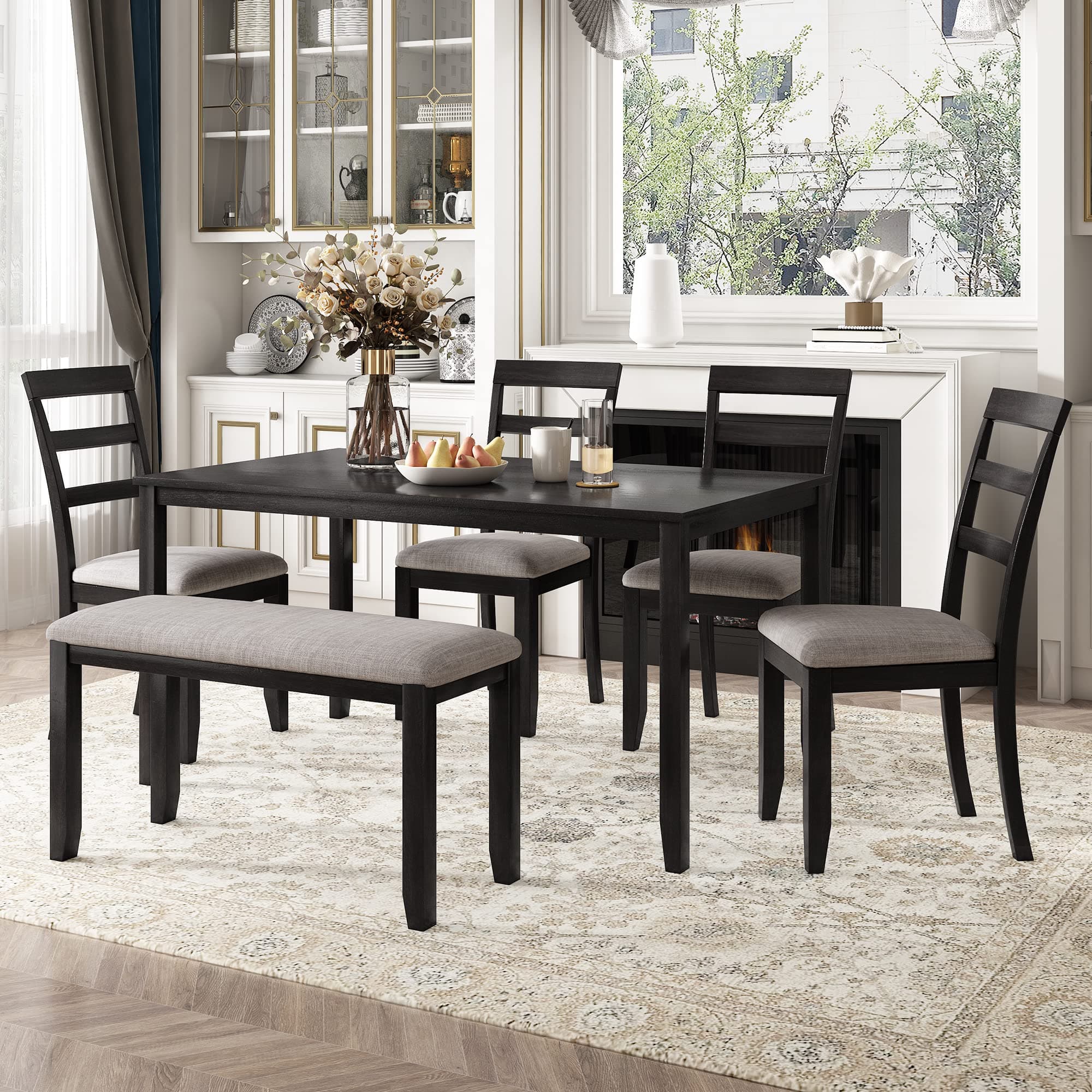 Merax 6-Piece Kitchen Simple Wooden Dining Table Set with 4 Upholstered Chairs and 1 Bench, Espresso_Fabric Cushion