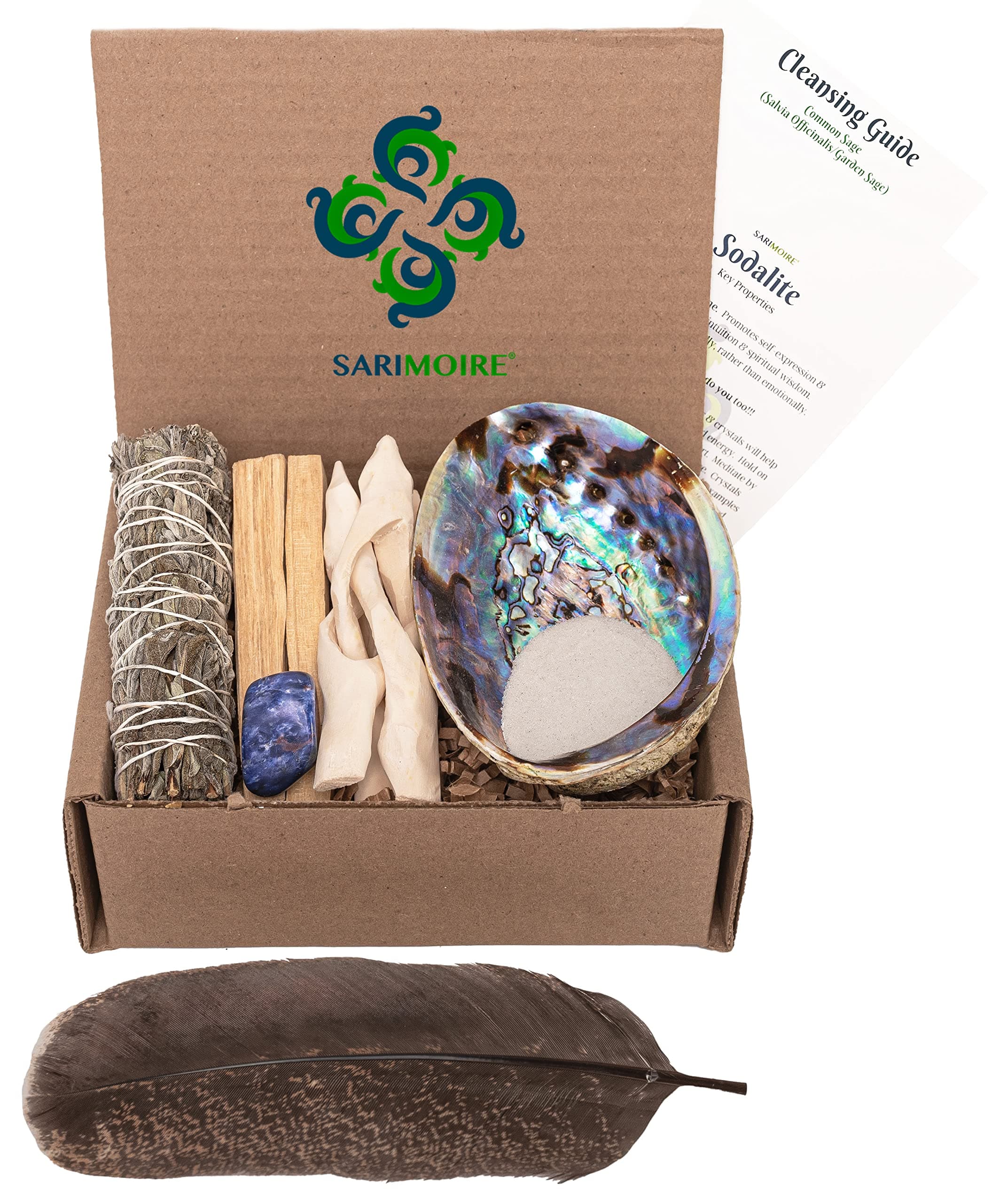 Sage Kit - Common Sage Smudge Stick ~ Abalone Shell for Smudging ~ Palo Santo Sticks ~ 2 inchTripod Stand ~ 8 inch Feather and White Sand