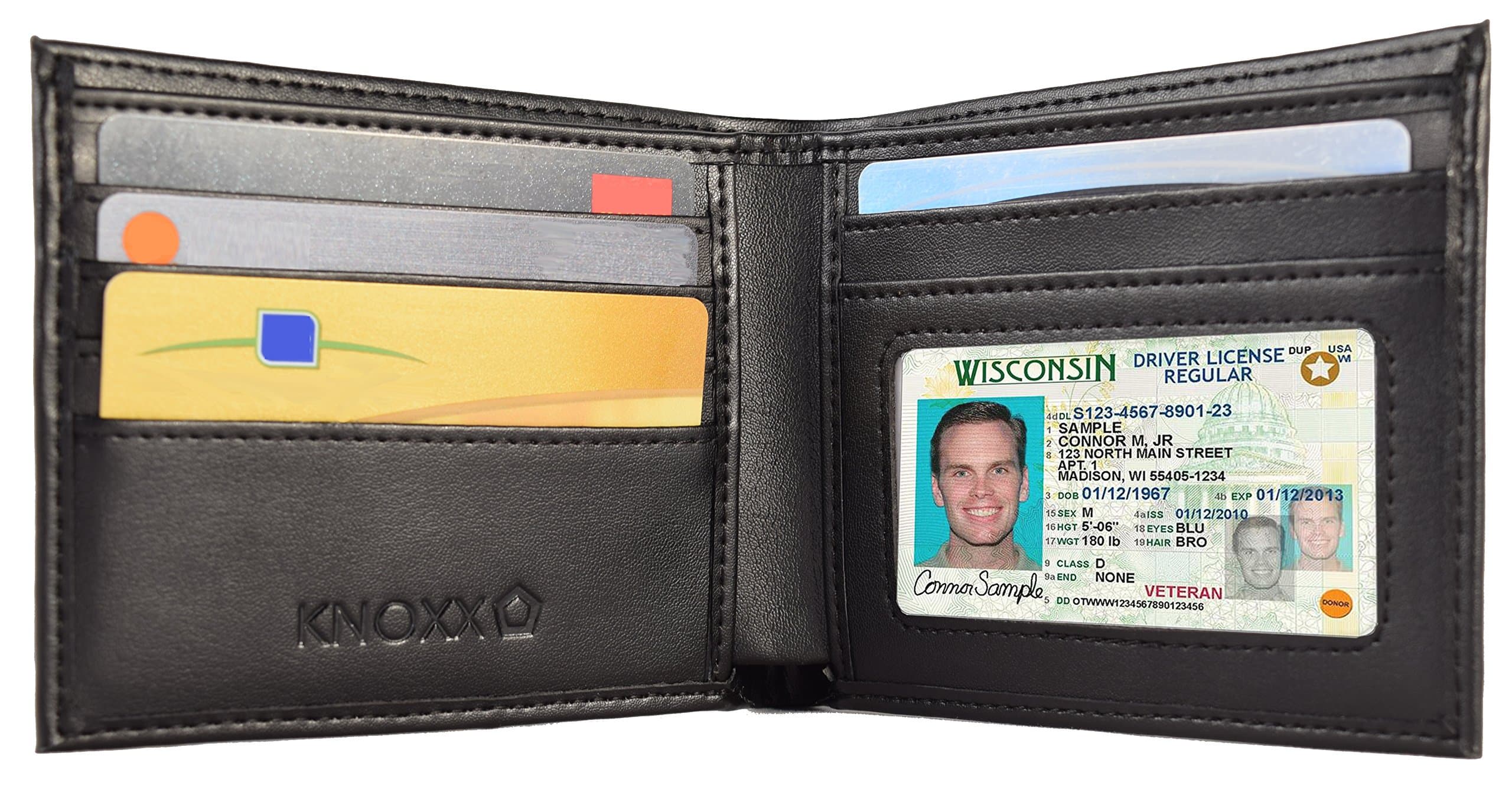 KNOXX Wallets - RFID Secure Bifold, Transparent ID Holder, 2 Currency Slots, Leather, Gift Box Included