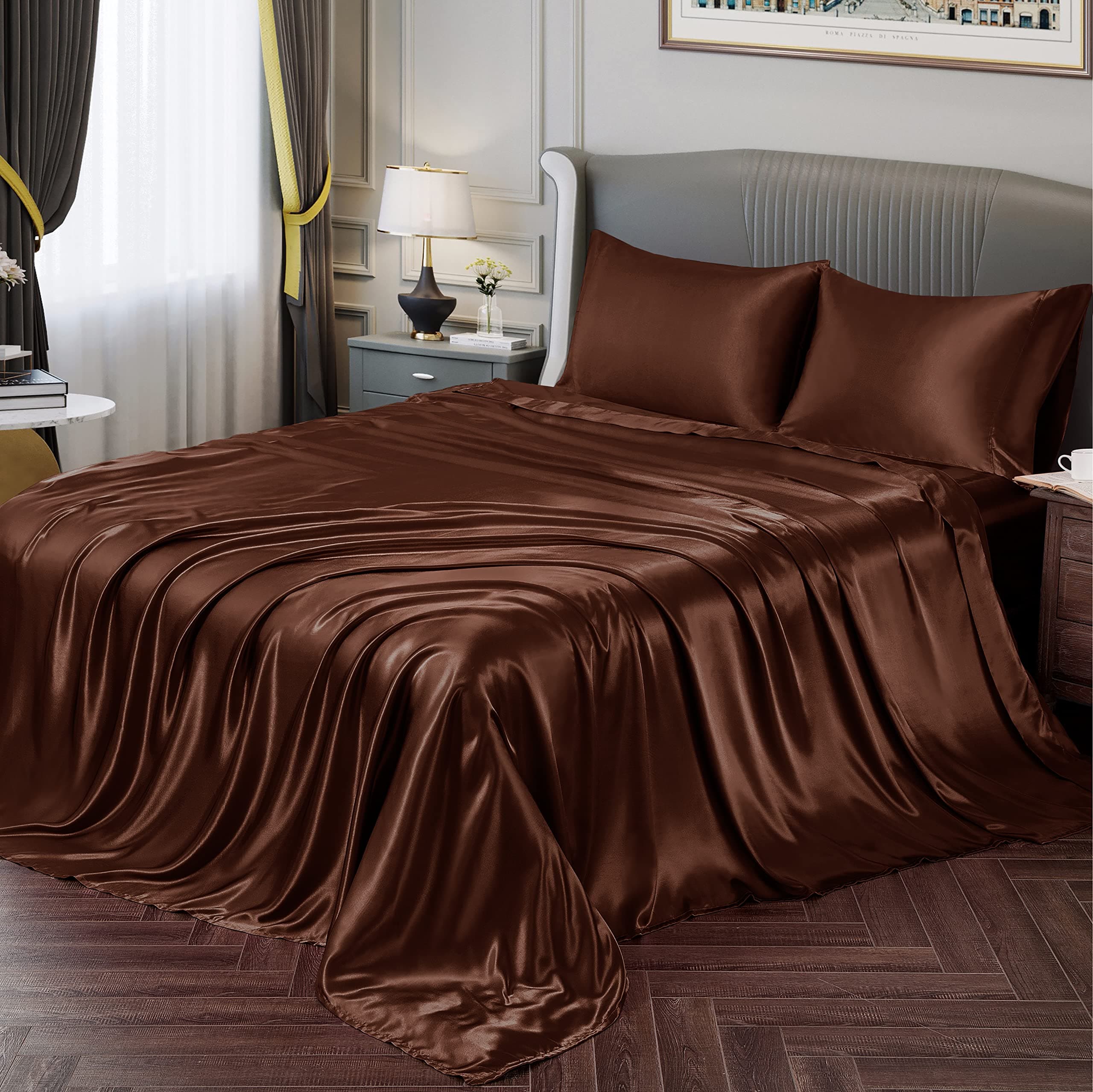 Vonty Satin Sheets King Silky Soft Satin Bed Sheets Brown Sheet Set, 1 Deep Pocket Fitted Sheet + 1 Flat Sheet + 2 Pillowcases