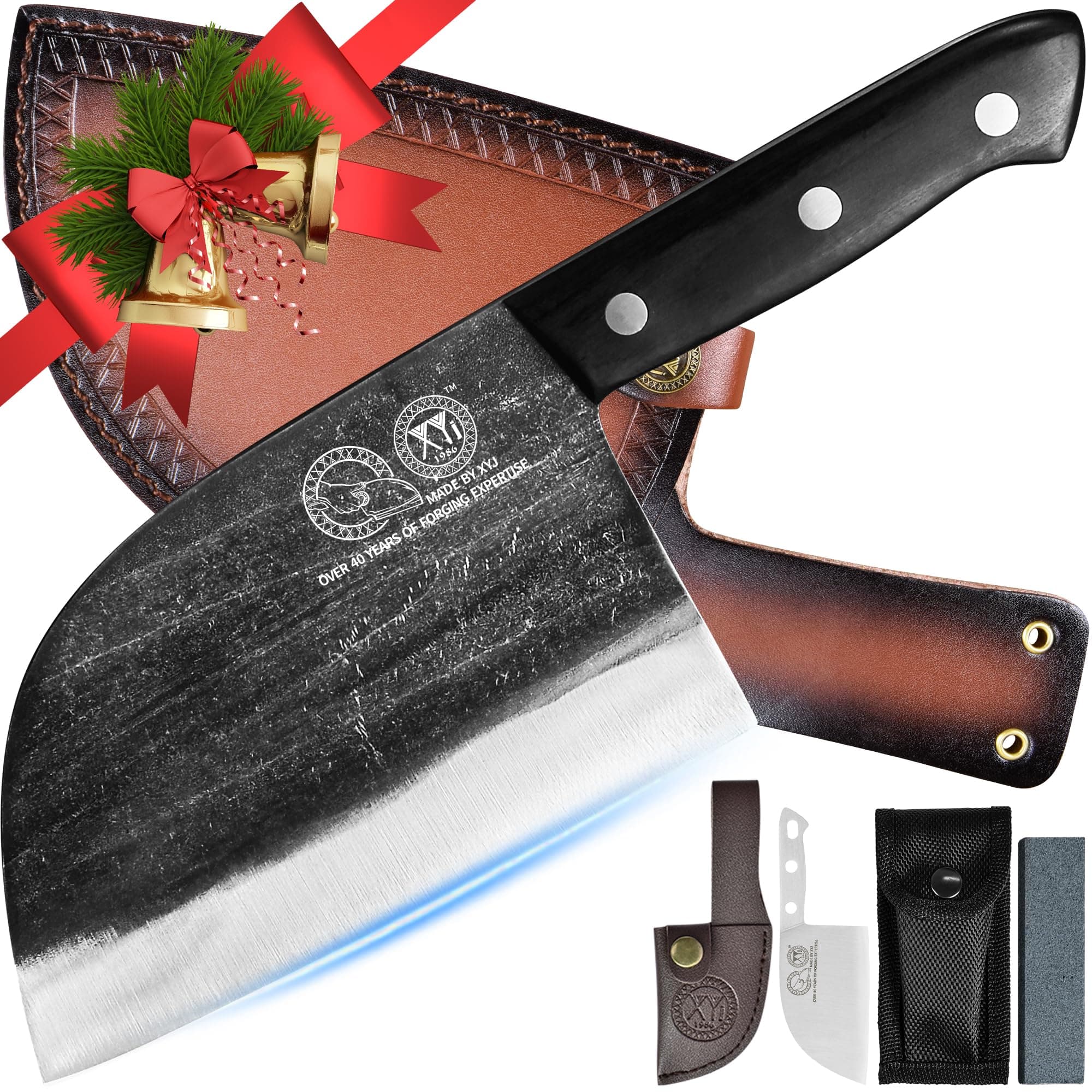 Authentic Since 1986,Outstanding Ancient Forging,6.7 Inch Full Tang,Serbian Chefs Knife,Chef Meat Cleaver,Kitchen Knives,Set with Leather Sheath,Take Carrying,Butcher,High Carbon Glad Steel