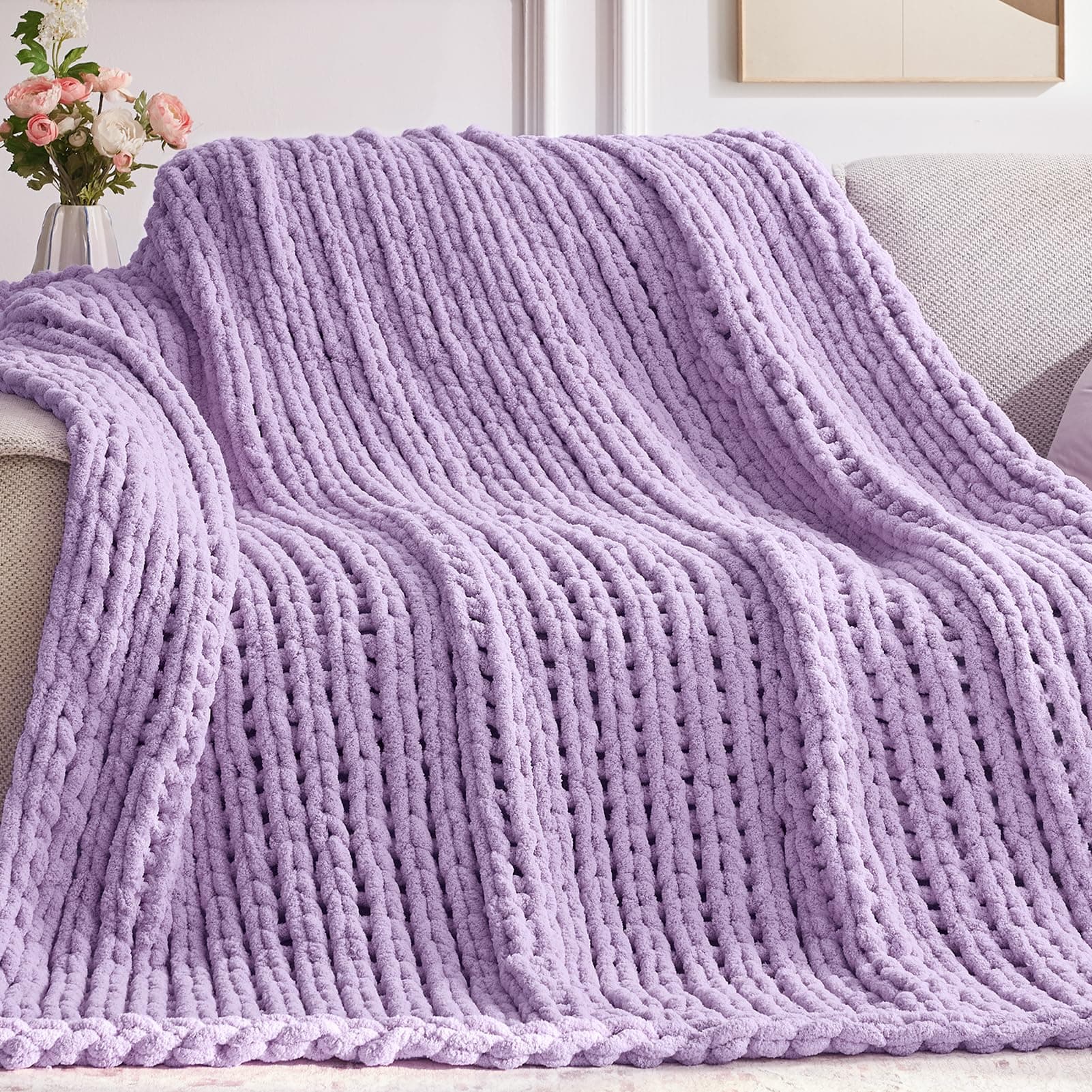 Chunky Knit Throw Blanket, 60''*80'' Knitted Throw Chenille Yarn for Bed Couch, Handmade Light Purple Crochet Big Thick Blanket, Machine Washable Cute Comfy Blanket for Home Decor