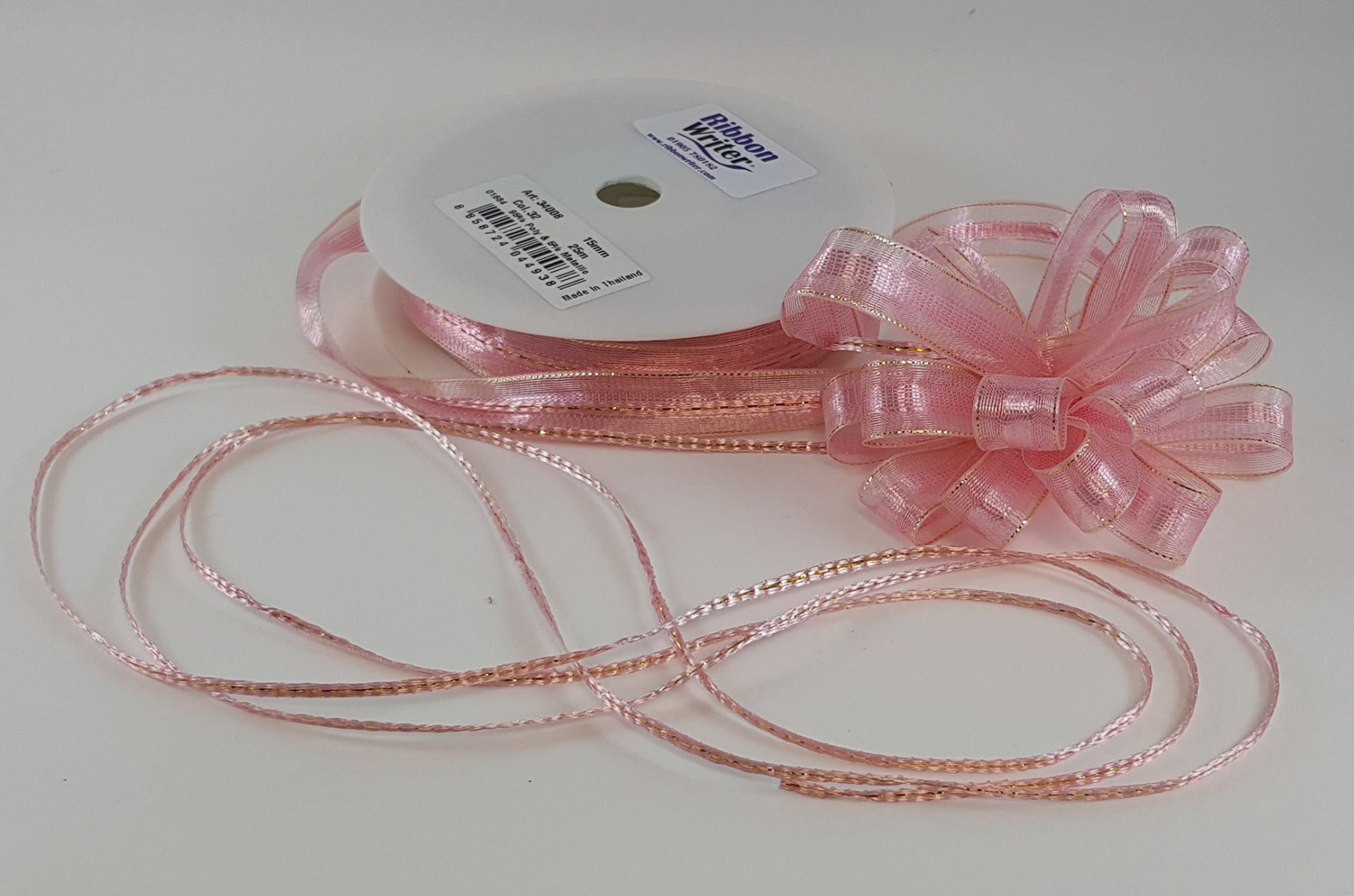 Polyester pull bow ribbon 15mm wide (Baby Pink) x 25 Metre roll