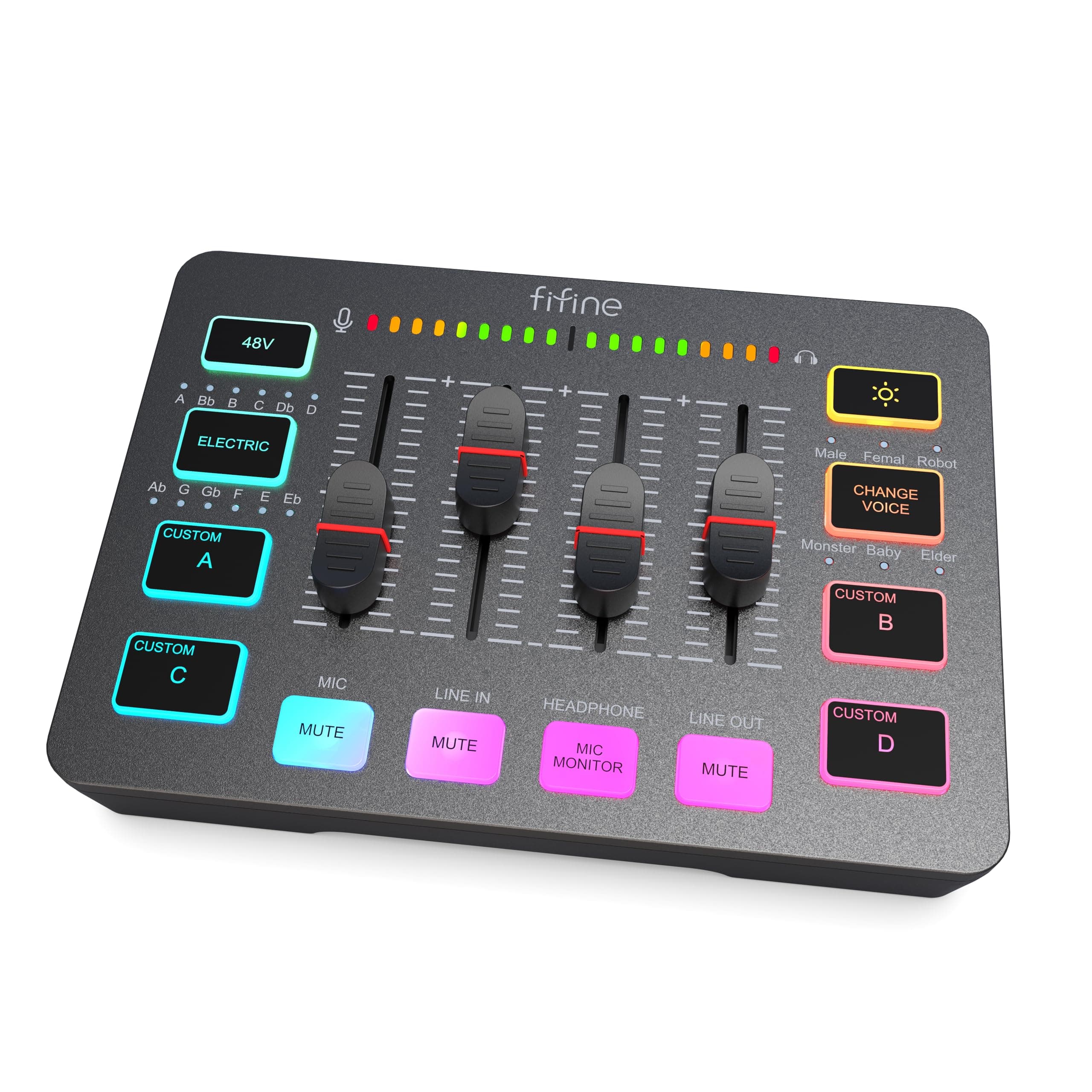 Gaming Audio Mixer with XLR Microphone Interface, RGB PC DJ Mixer with Volume Fader, Individual Control, Mute and Monitor, 48V Phantom Power Supply, for