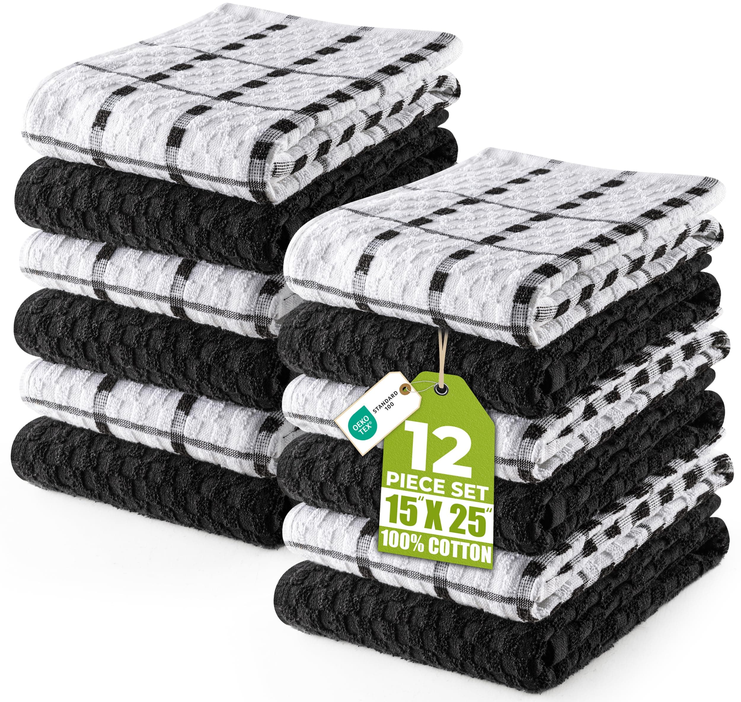 Kitchen Towels 12 Pack, 15 x 25 Inches, 100% Ring Spun Cotton Super Soft and Absorbent Linen Dish, Tea and Bar Towels Set, Black