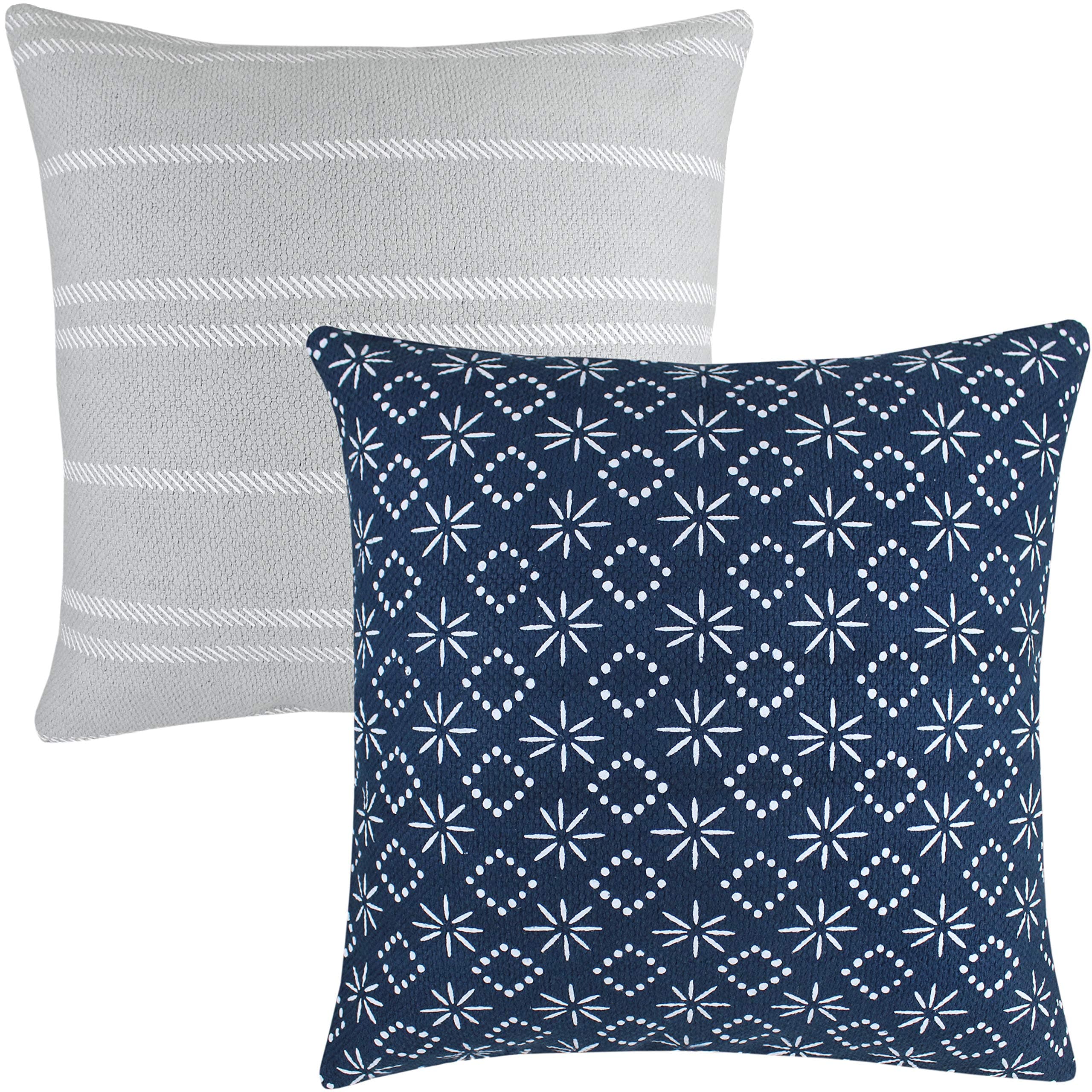 Woven Nook Decorative Throw Pillow Covers ONLY for Couch, Sofa, or Bed Set of 2 18 x 18 inch Modern Quality Design 100% Cotton Thick Woven Navy Grey Zuri