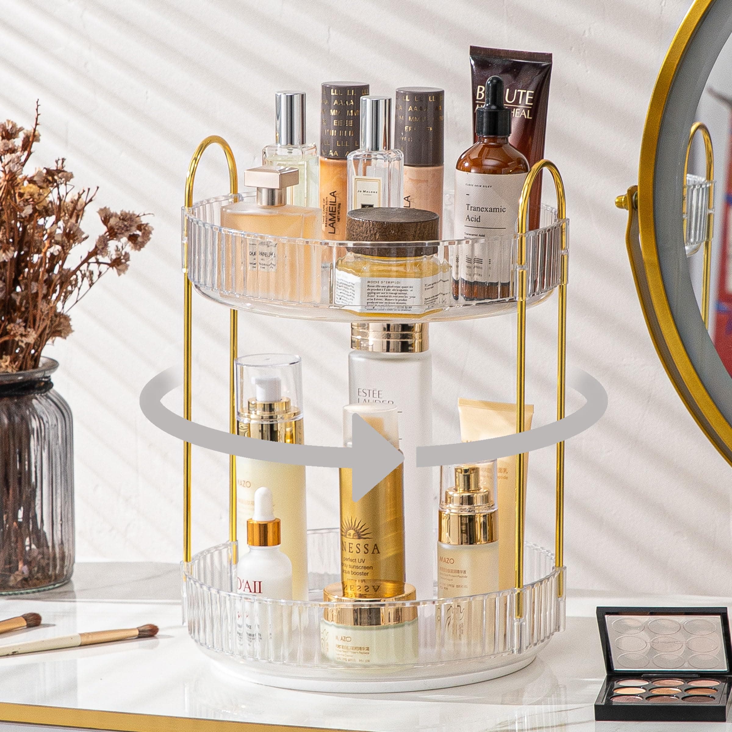 360 Rotating Makeup Organizer,Large Capacity Makeup Organizer for Vanity,Cosmetic Display Cases,Bathroom Counter Organizer,Fits Cosmetic,Perfume,Lipsticks,Lotions Skin Care(2 Tiers,