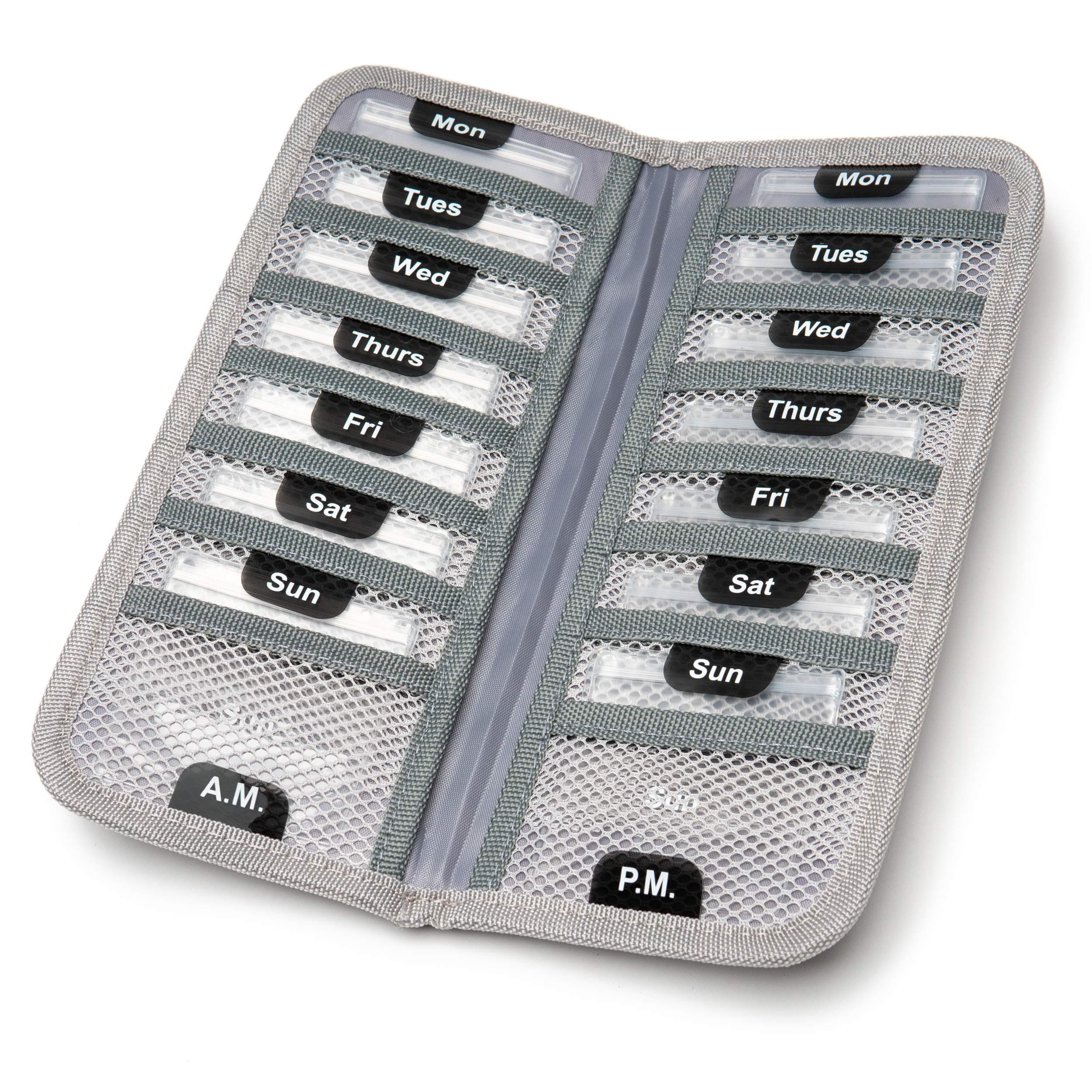 AM/PM Bi-Folding Pill Organizer + Supplement Case for OTC Medicine, Prescription + Vitamins - 14 Labeled Monday-Sunday Slide Lock Pouches, Grey Travel Pill Case