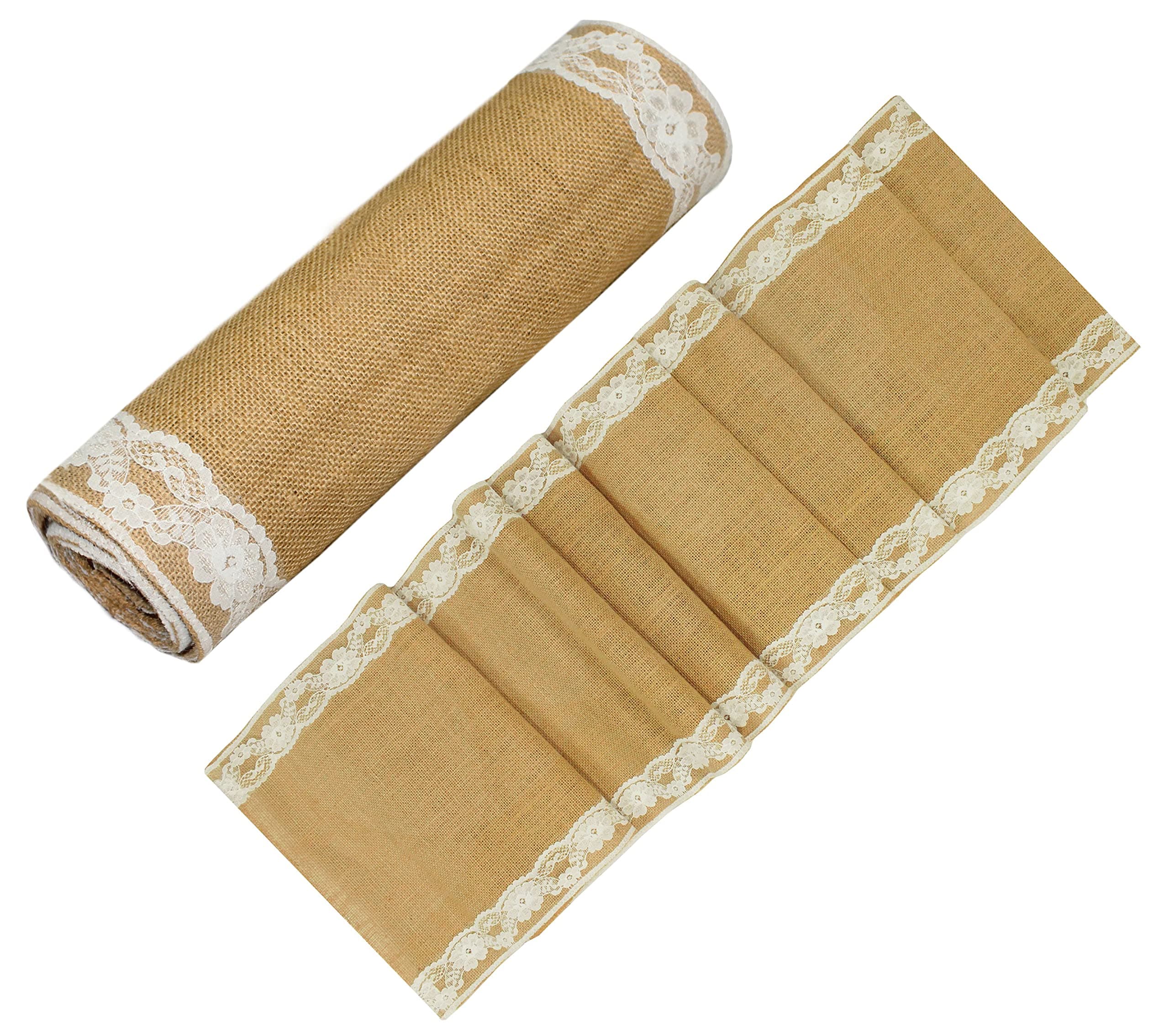 COTTON CRAFT Jute Table Runner - 2 Pack Natural Burlap White Lace Trim XL Tablerunners - Harvest Autumn Fall Thanksgiving Holiday Christmas Festive Party Farmhouse Dining Kitchen Tabletop -12x108 in