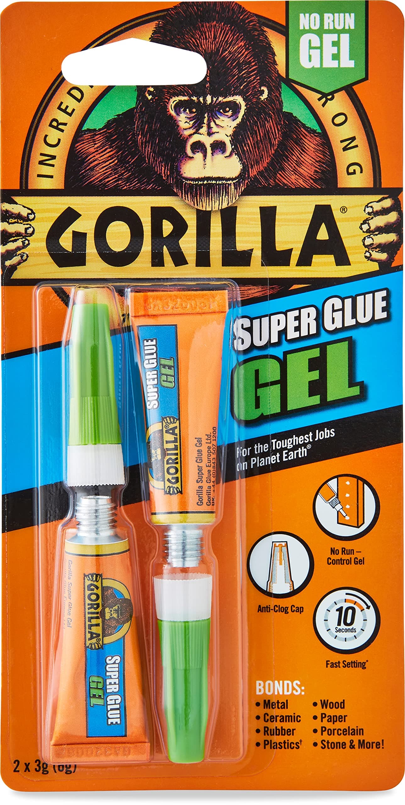 Super Glue Gel, 3g (2 Pack) , All Purpose, Fast Setting, No Run Formula with Anti Clog Cap, Ideal for Metal, Ceramics, Leather & More