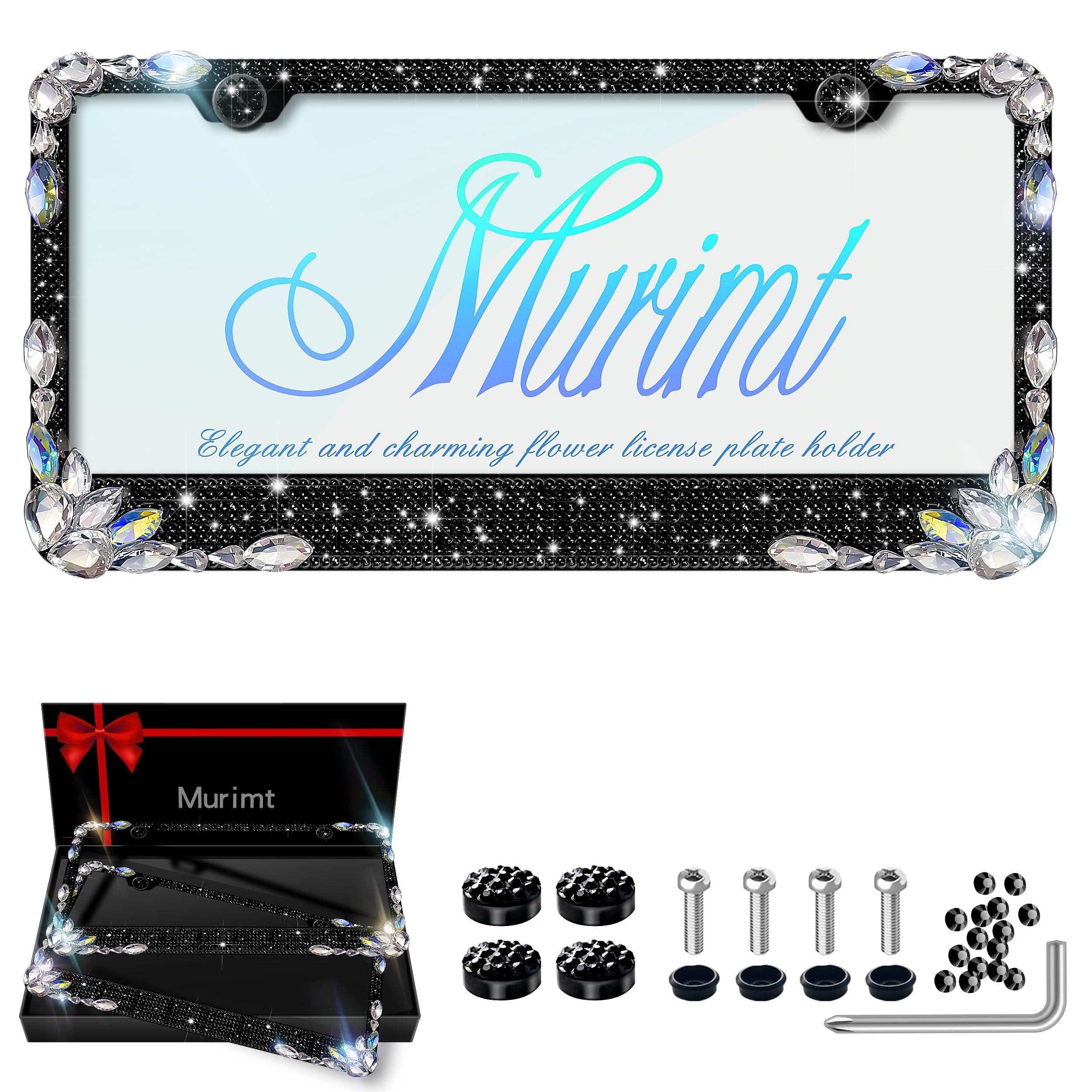 2 Pack Black Sparkly License Plate Frames Rhinestone Glitter License Plate Frame Black Plate Number Holder Cover - High End Gift Box Packaging Bling Car Accessories for Women