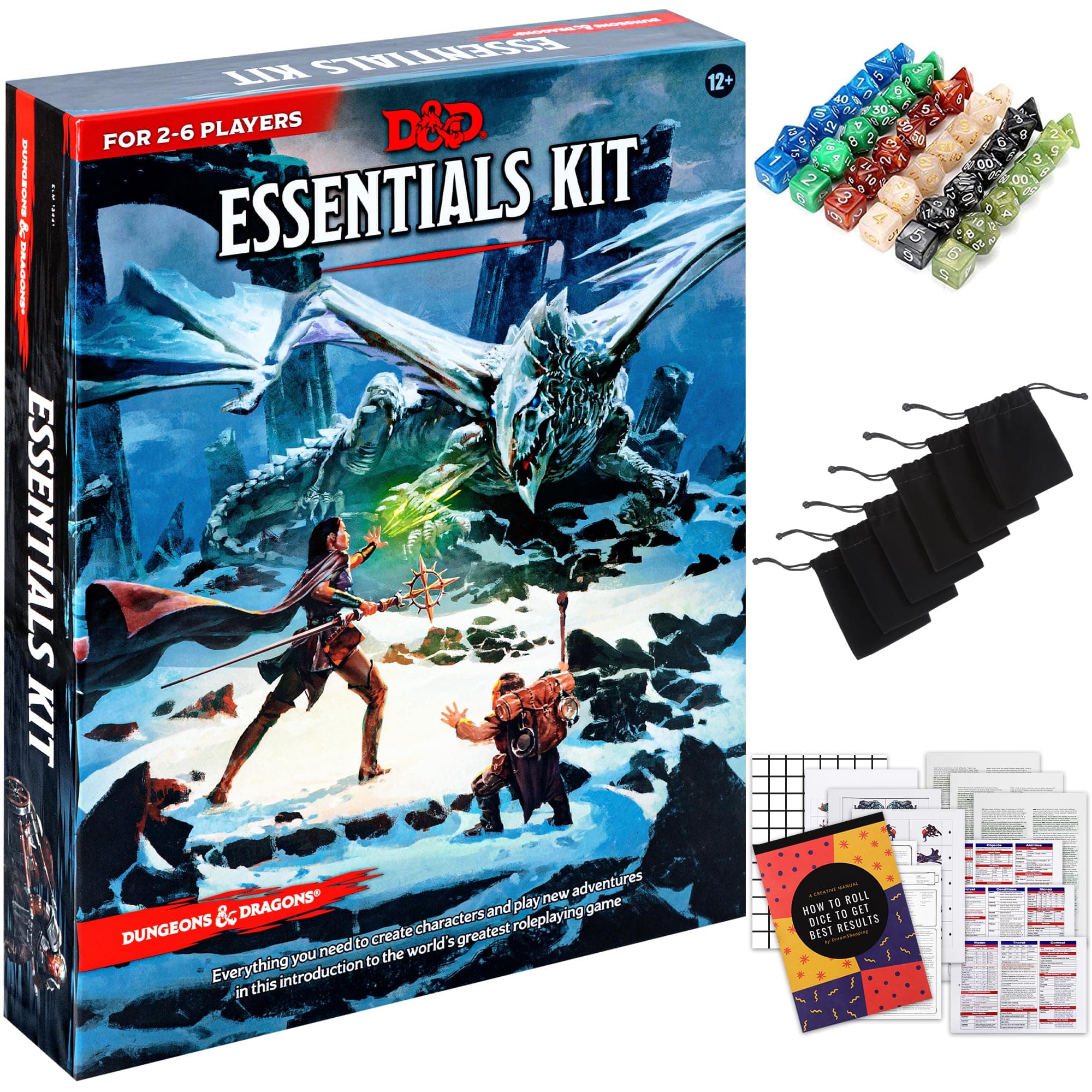 Dungeons and Dragons Essentials Kit - Starter Set Bundled with 6 Dice Sets, Flannel Bags, Figures, Heroes, Master Screen, Printable Materials - DND 5th Edition Tabletop Board Game for Beginner