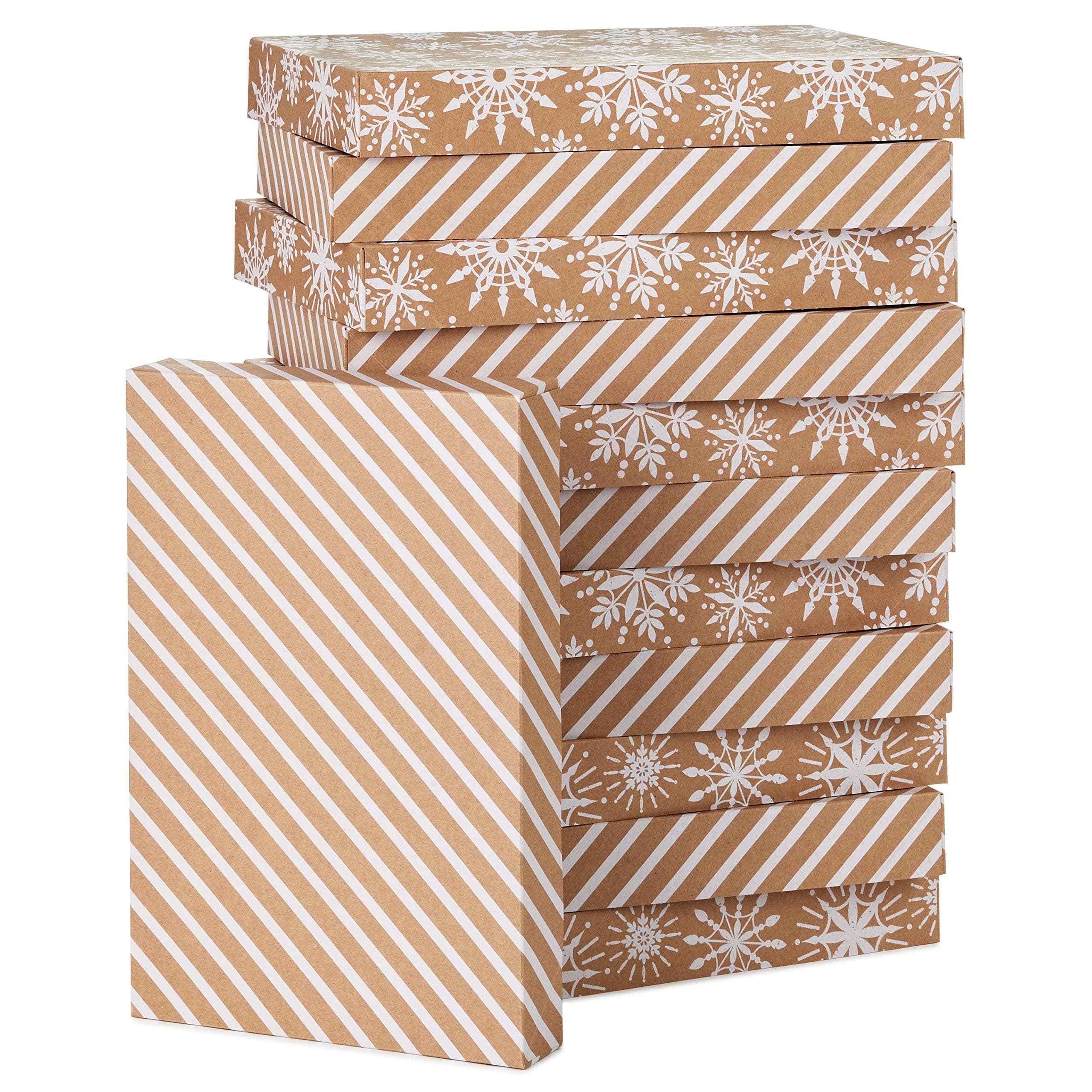 Medium Gift Boxes with Lids (12 Shirt Boxes, White Snowflakes and Stripes on Kraft) for Christmas, Winter Weddings, Bridal Showers