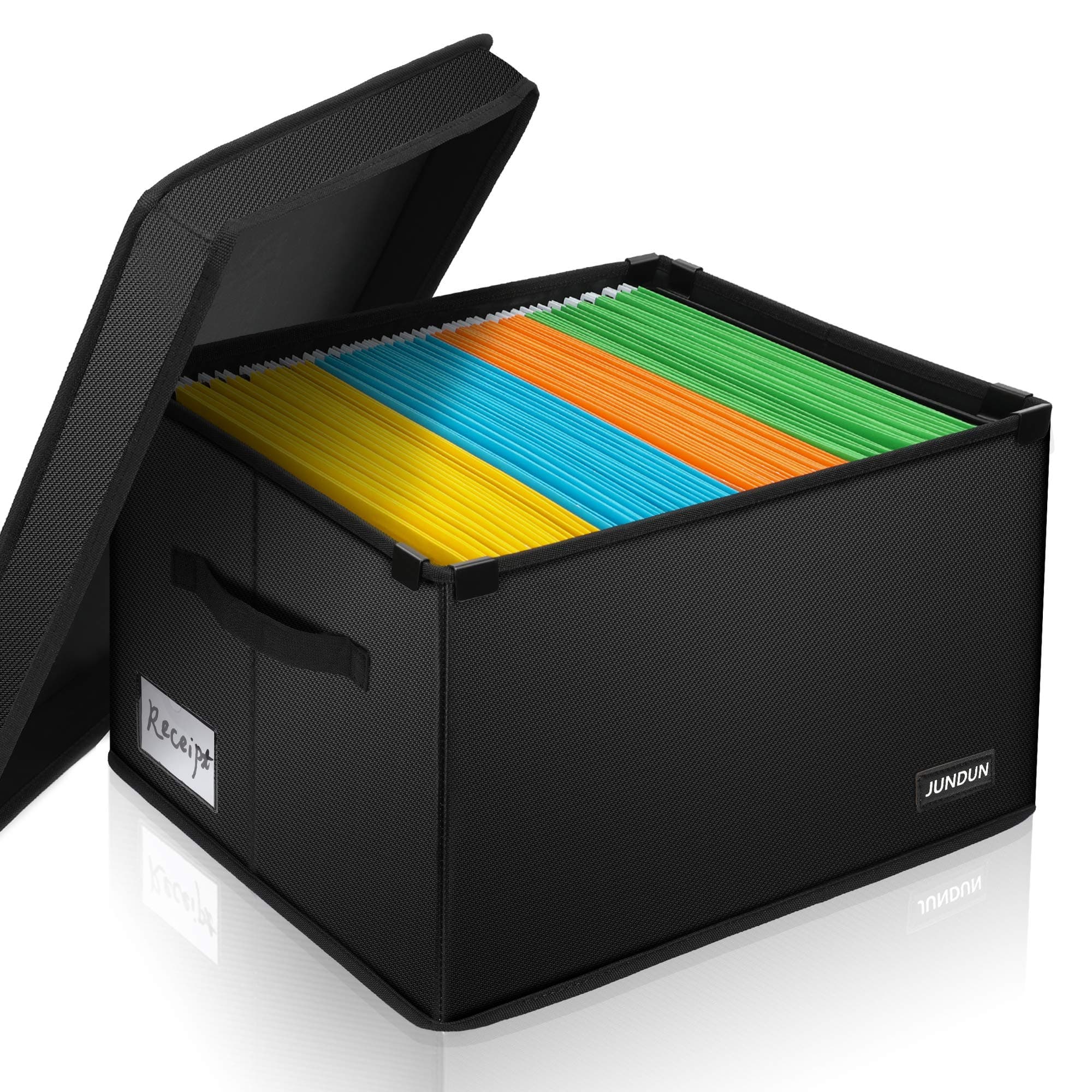 JUNDUN File Box, Fireproof File Organizer Box with Lid,Collapsible Hanging File Box with Handle,Portable Safe Storage Box for Office Home, Letter Size Legal Folder，Silver