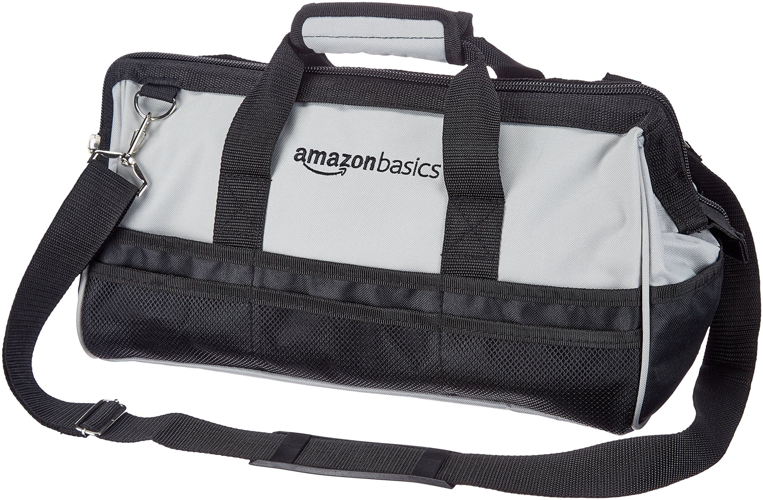 Amazon Basics Durable Wear-Resistant Tool Storage Bag with Adjustable Shoulder Strap, Portable Tool Organizer, 16 in, Black & Grey
