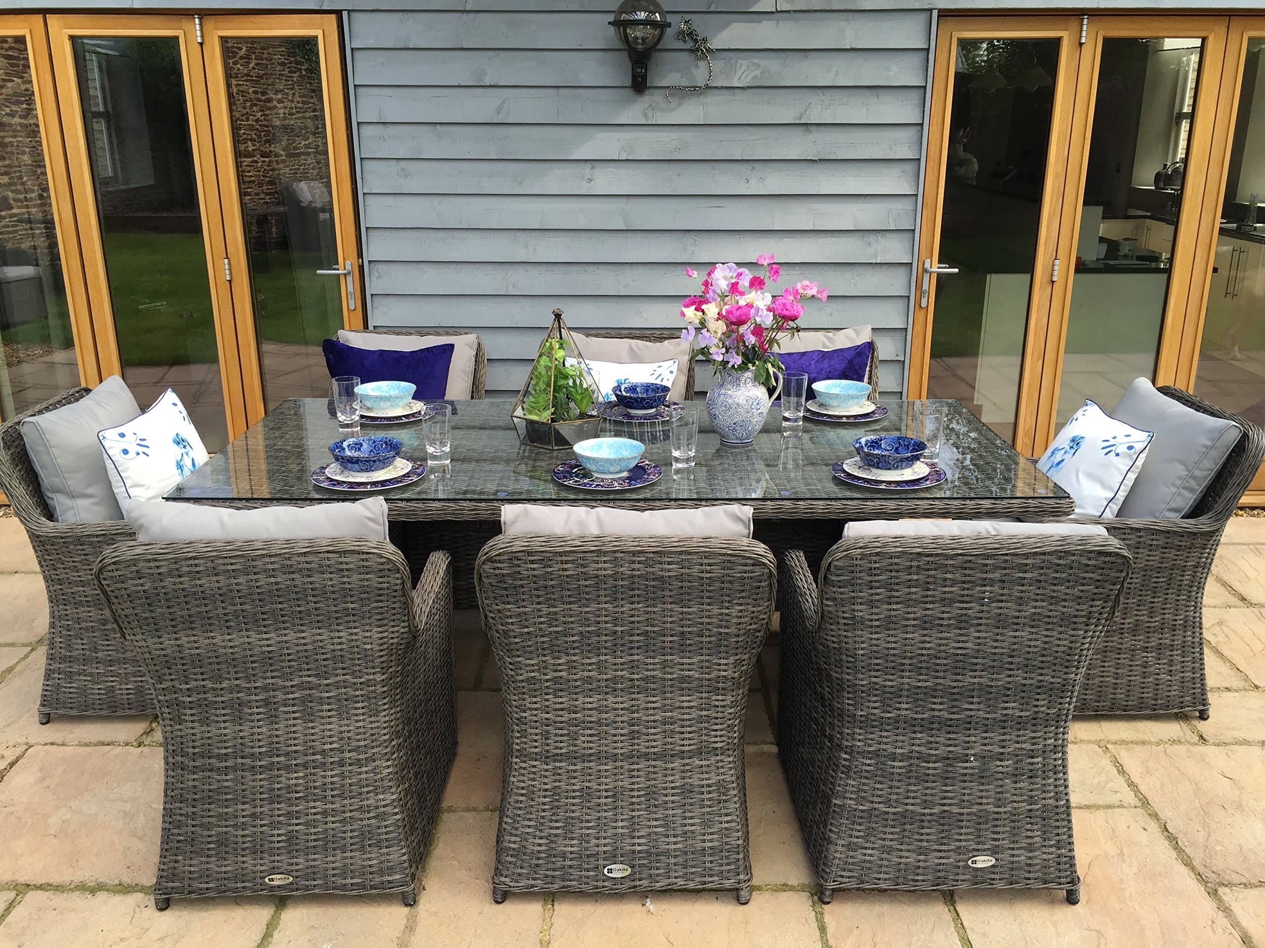 Venice Luxury Grey Rattan Garden or Conservatory 8 Seat Rectangular Dining Furniture Set