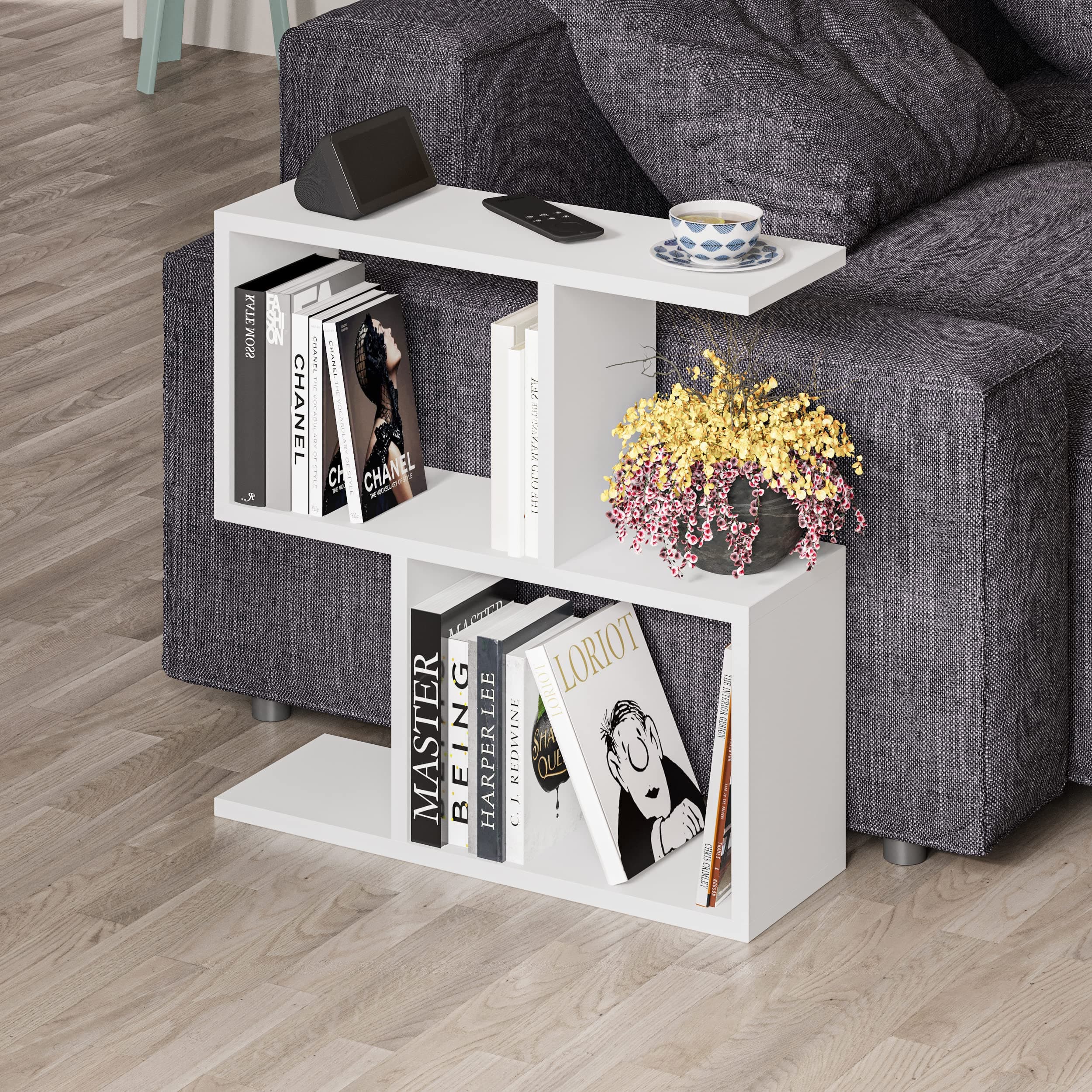 2 Tier Storage End Side Table | Versatile C Table | 60x60x19.5cm | Shelves Organizer | Office Living Room End Desk Stand Display (White)