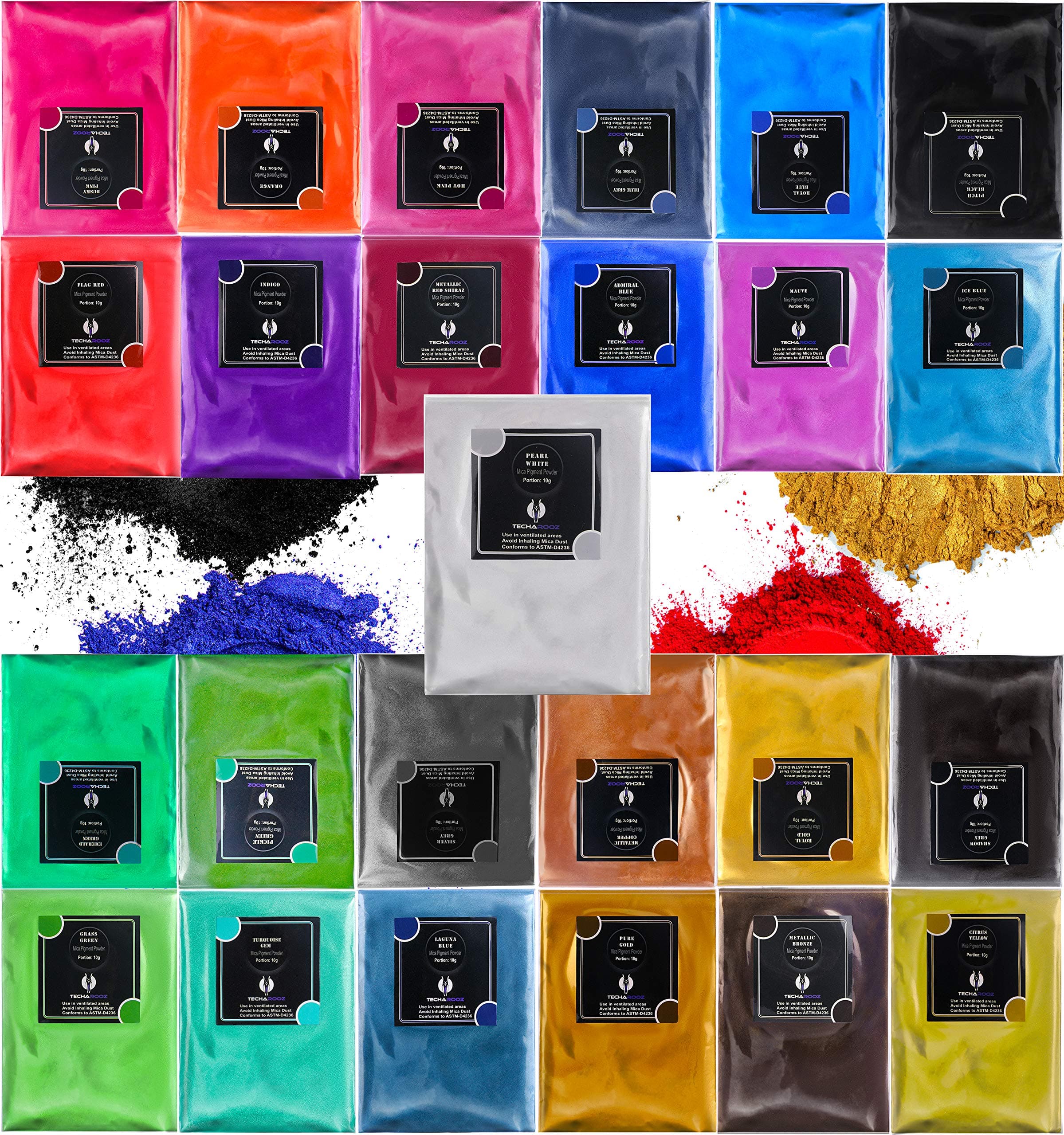 Mica Powder for Skin, 25 Colors x 10g ea Pigment Powder for Soap Making, TECHAROOZ Epoxy Resin Color, Candle Dye for Soy Wax, Epoxy Paint, Nail Pigment