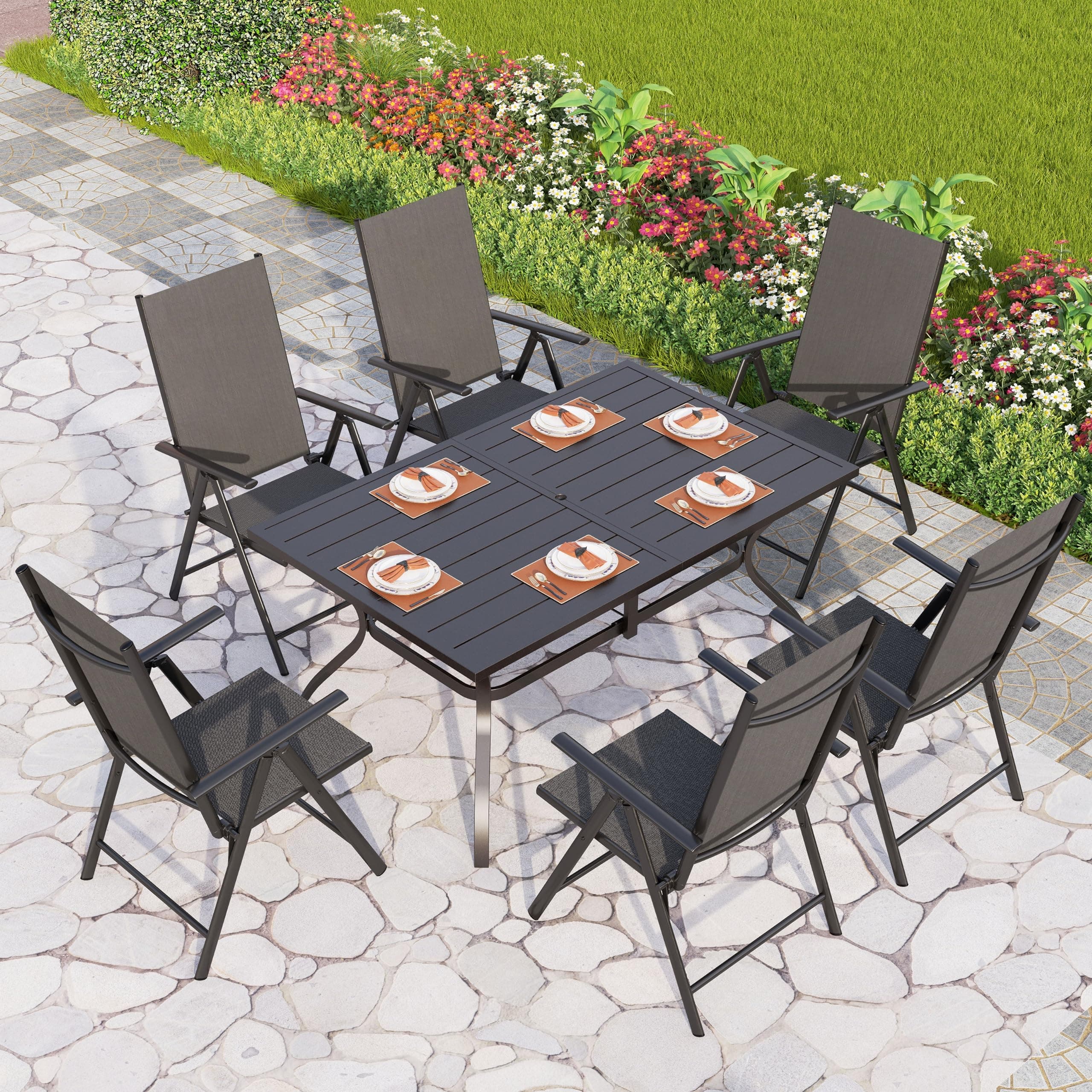 PHI VILLA Outdoor Dining Set with Patio Table and Chairs, Patio Dining Furniture Set for 6 with Adjustable Foldable Patio Chairs & Metal Steel Table for Garden, Black