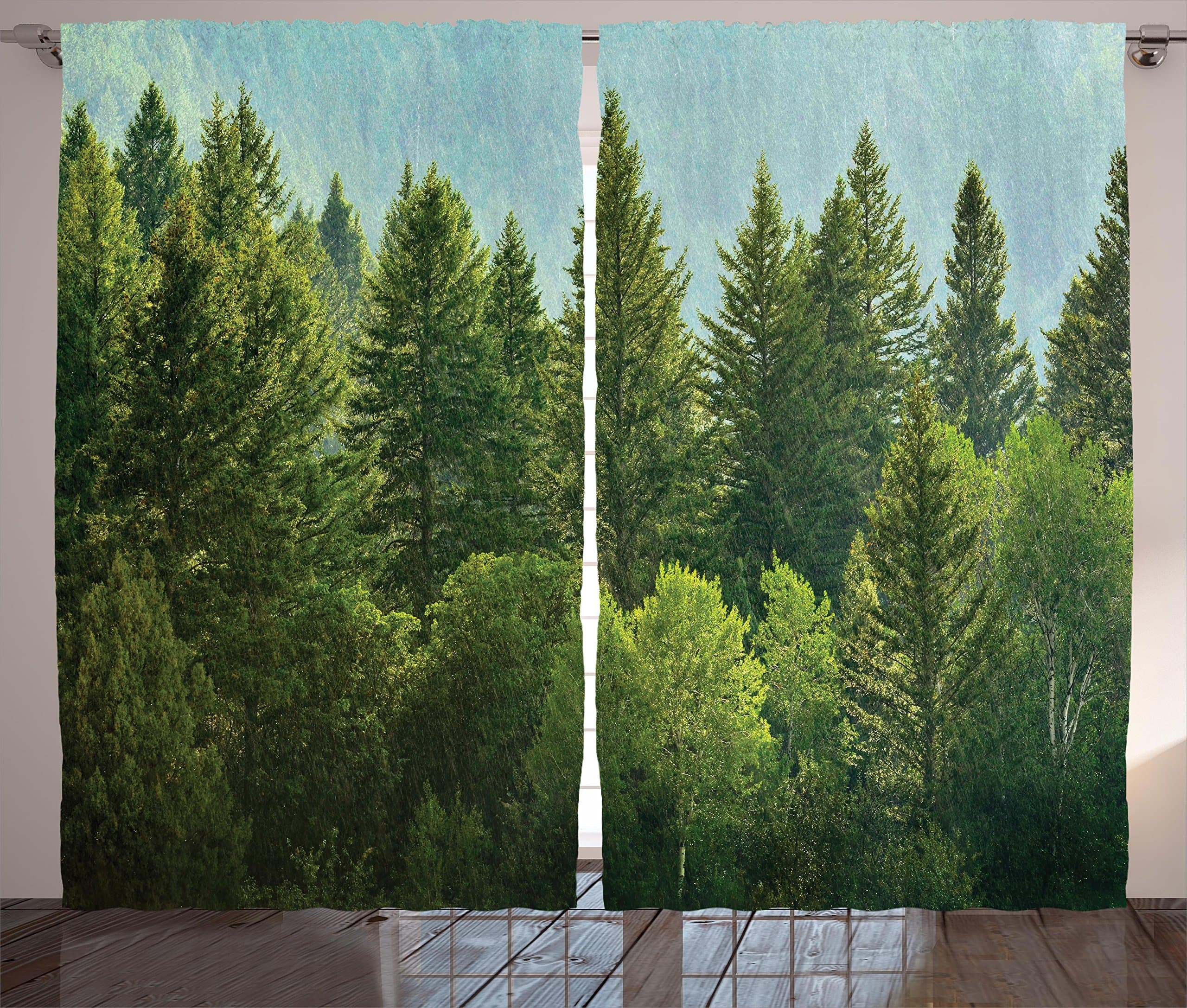 Ambesonne Nature Decor Curtains, Forest Pine Tree Tops Refreshing Eco Woodland Wilderness Mountainside Landscape, Living Room Bedroom Window Drapes 2 Panel Set, 108W X 84L inches, Green