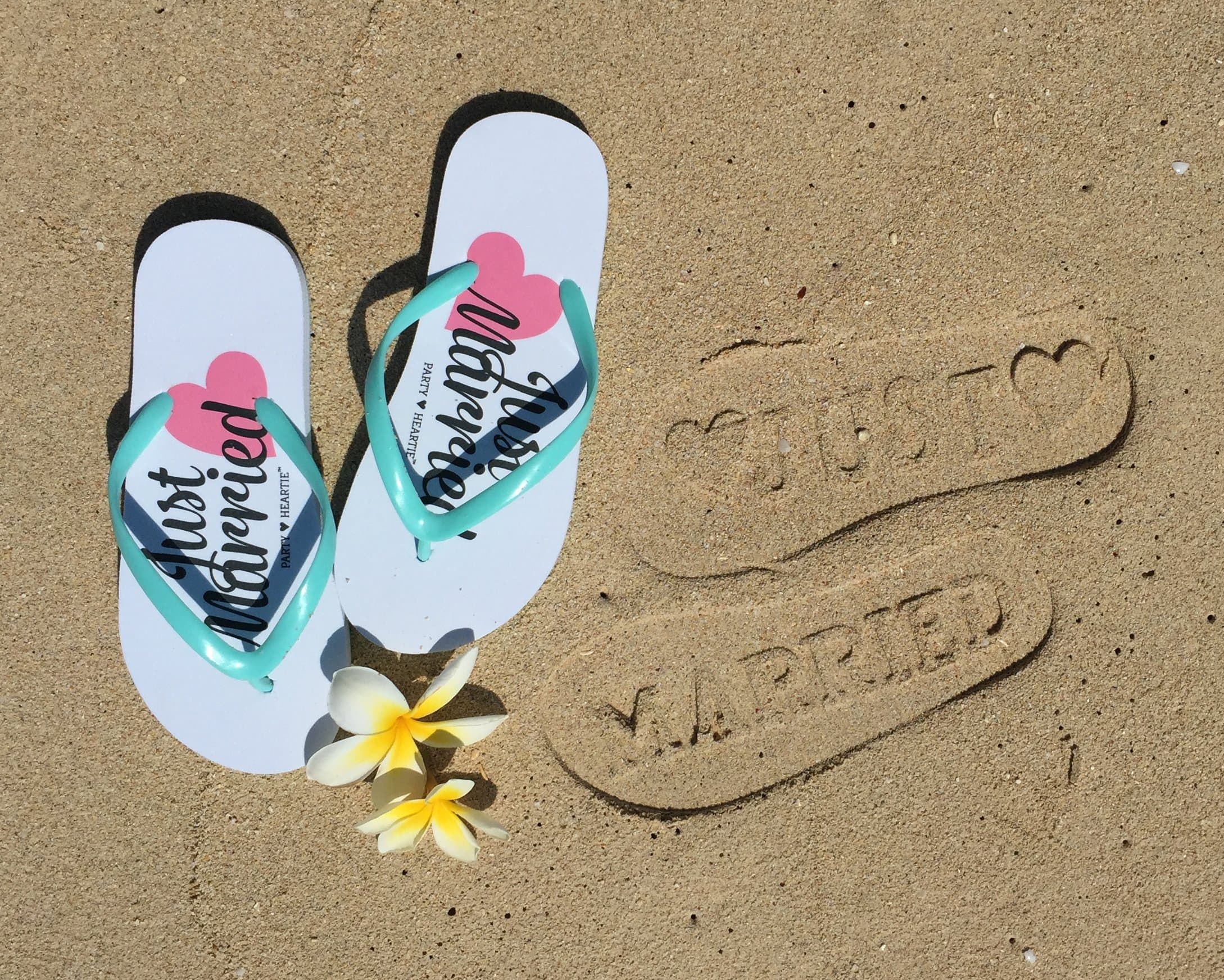 Just Married Flip Flops (Size 9/10) Stamp/Imprint on Beach Sand Wedding Honeymoon Slippers
