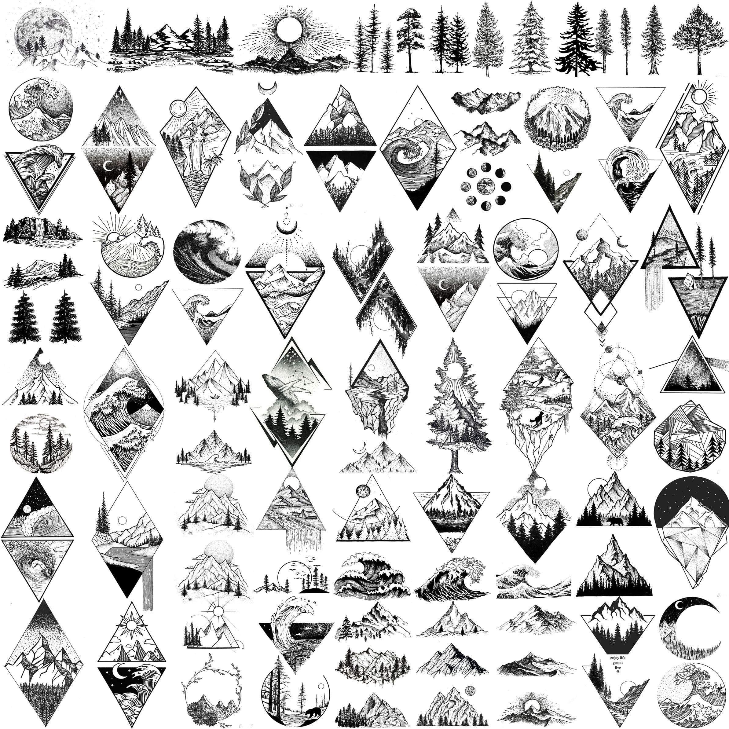 GOROMON 52 Sheets Small Black Mountain Temporary Tattoos For Men Women Adult, Geometric Sea Weave Forest Pine Tree Realistic Tattoo Sticker For Kids Children, Moon Sun Star Triangle Tatoos Outer Space