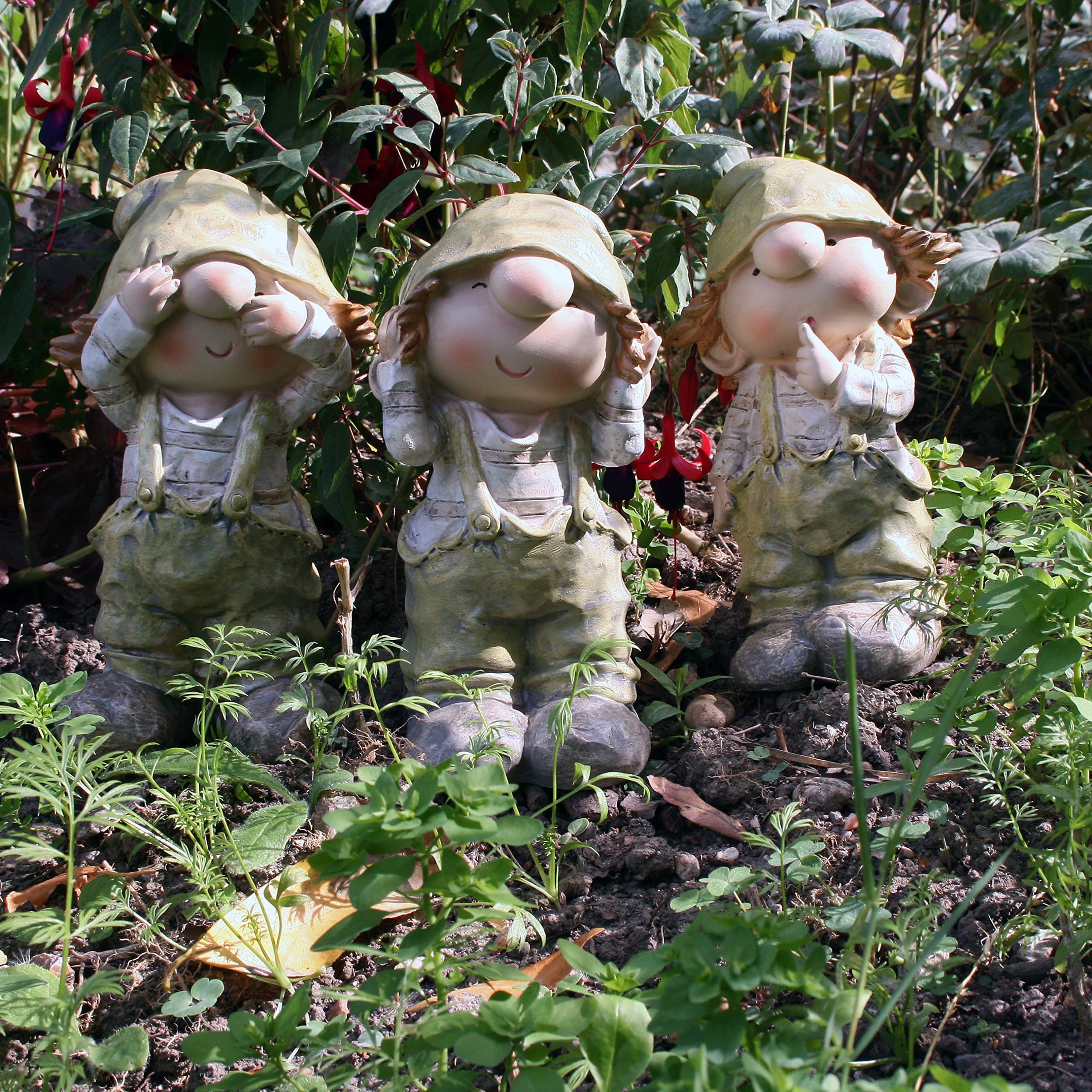 Cuthbert Kate and Cerys Standing, See No Evil, Speak No Evil, Garden Ornament, Gnome, Garden Fairy, Troll, Imp
