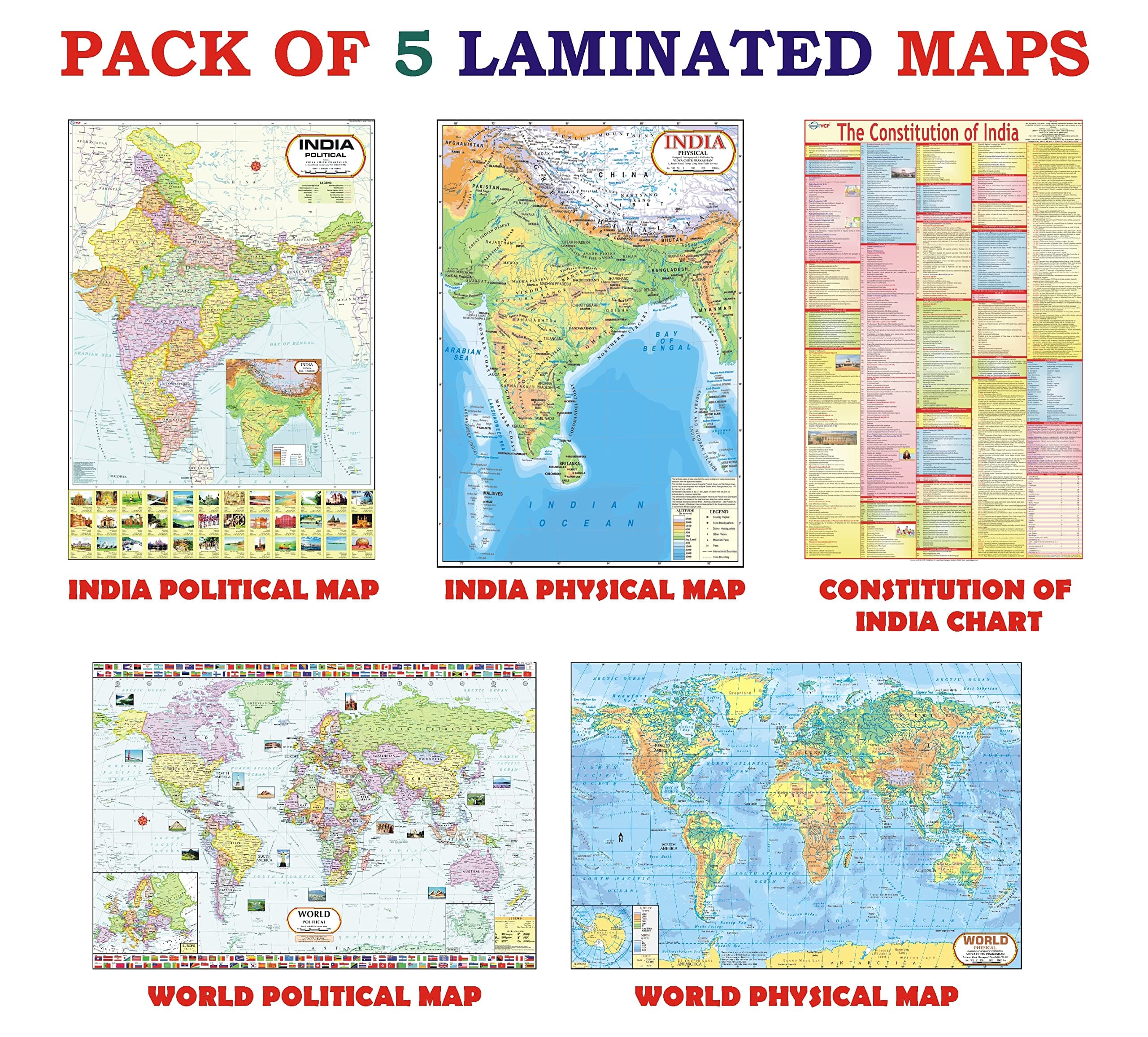 India & World Map ( Both Political & Physical ) with Constitution of India Chart | LAMINATED | SET OF 5 | Useful for UPSC, SSC, IES and other competitive exams