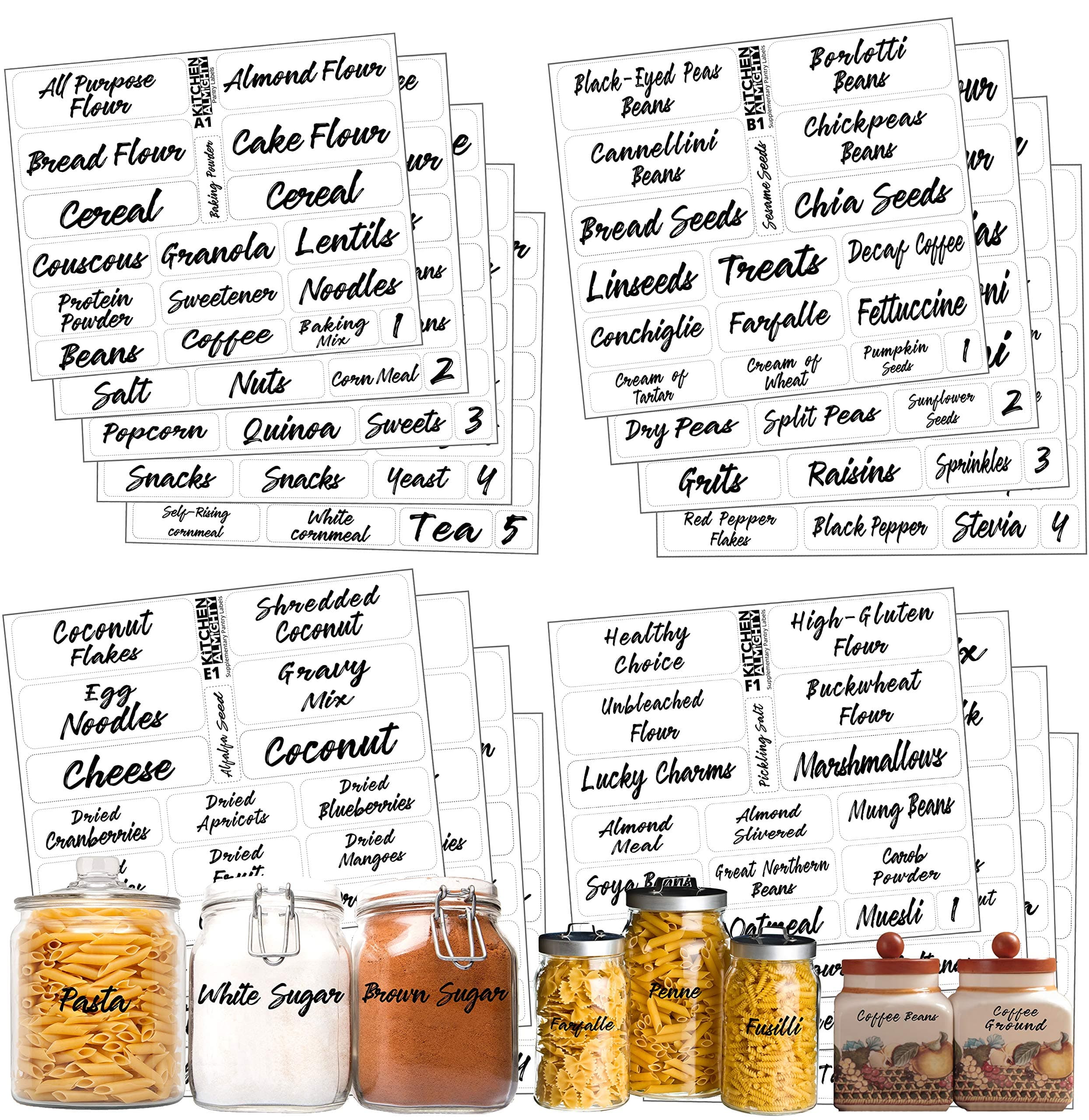 Pantry Labels: 323 Classy Gloss Clear Preprinted Water Resistant Complete Label Set to Organize Storage Containers, Jars & Canisters w/Extra Write-on Stickers