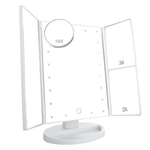 eVmu 21 LED Makeup Mirror, Lighted Vanity Mirror Tri-fold Touch Screen Magnification Adjustable Portable Foldable Travel Cosmetic Makeup Mirror, Battery or USB Powered Table Stand Mirror, White