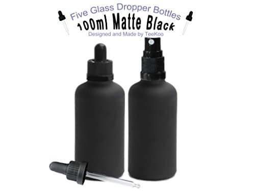 Five Glass Dropper Bottles with Child Proof Caps + 5 Additional Atomizer/Spray Caps (Matte Black, 100ml)