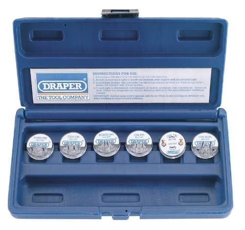 DRAPER 6 PIECE INJECTOR NOID LIGHT KIT - Quick, efficient and economic way to fault find on the following electronic fuel (EFI) systems: GM PFI, GM TBI, GM SCPI, Ford TBI, GEO TBI and Bosch PFI. Packed in blow mould case. Display carton.