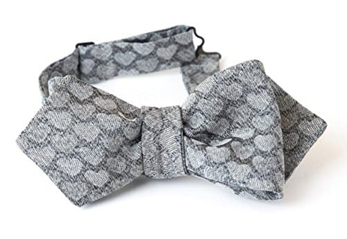 Silk Bow Tie for Men and Boy, Unisex, Grey Silver with Grey Heart, One Size Adjustable with Hook