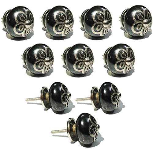 Silver Flower Designer Set of 10 Black Handmade Drawer Knobs / Cabinet Pulls / Door Handles - Home Decor Accessories