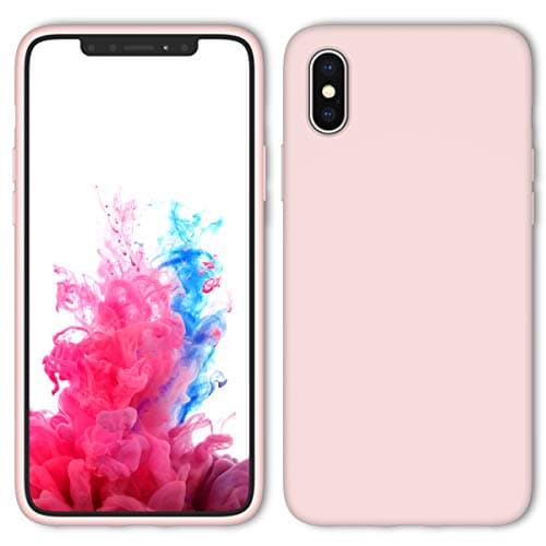 iPhone X Case, iPhone Xs Case with Screen Protector Tempered Glass, Aucaeo 360 Shockproof Protective Liquid Silicone Cases Ultra Thin Slim Cover for Apple iPhone X/XS 5.8 inch 2018, Sand Pink