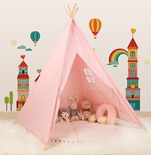 CANALOHA 4 pole version Pink Princess Large Foldable breathable Cotton Canvas Playhouse Outdoor Indoor India toddlers Play Tent with window, Ideal for Kids Girls/Boys Birthday Gift Christmas Party