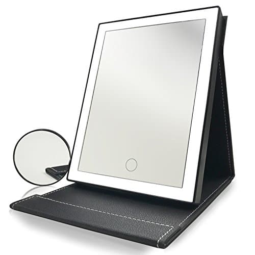 UPHAN Travel Lighted makeup mirror, with 5X Magnification PU Leather Foldable Portable Travel Desktop Cosmetic Mirror (9.5", Black)