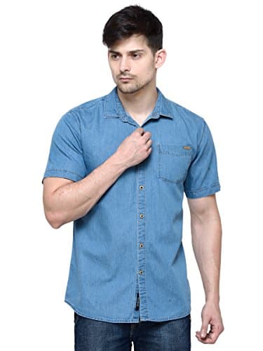 LA Seven Men's Cotton Solid Half Sleeves Slim Fit Denim Shirt