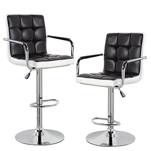 Modern Contemporary Leather Swivel Adjustable Counter Height Bar Stools with Backs and Arms Set of 2 Black White