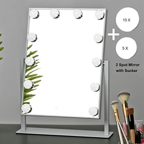 MRah Hollywood Makeup Vanity Mirror - White Lighted Makeup Mirror Tabletops Lighted Mirror, LED Illuminated Cosmetic Mirror with LED Dimmable Bulbs