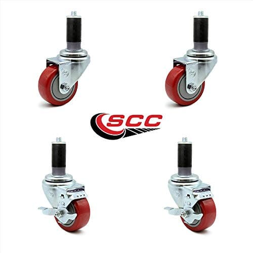 Service Caster - 3.5” x 1.25" Red Polyurethane Wheels Caster Set of 4-2 Swivel Casters w/Brake w/1-1/4" Expanding Stem/2 Swivel