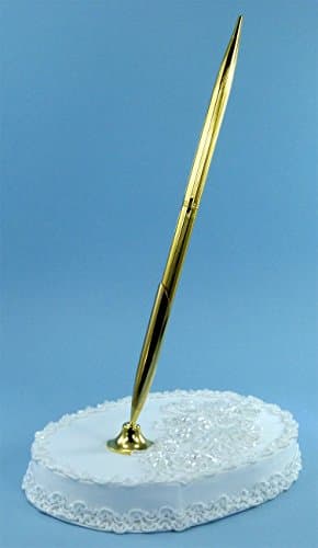 Elegant Wedding Pen and Satin Stand Set (#E0AF0PSwg) Adorned with Bugle Bead and Pearl Accented Lace Applique