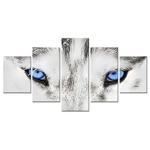 Hello Artwork Large 5 Pieces Canvas Wall Art Black Grey Wolf Dog Blue Eyes Poster Animal Face Head Series Abstract Picture Painting Home Decor Ready to Hang