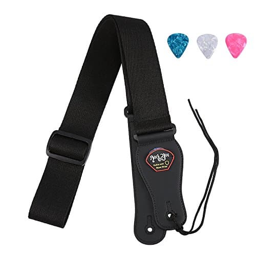 Adjustable Guitar Strap with Plectrum Holder & Leather End for Acoustic and Electric Guitar & Bass, Black (3 Matching Picks Included)
