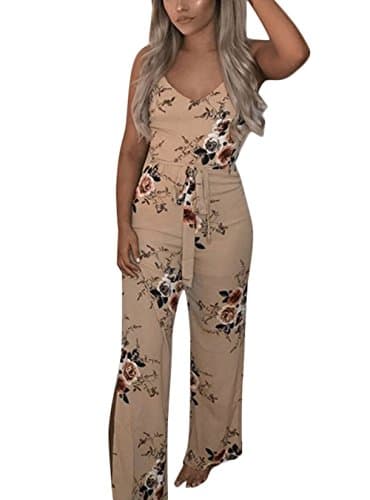 VIEWIM Women's Spaghetti Strap V Neck Floral Split Long Pants Jumpsuits Rompers with Belt