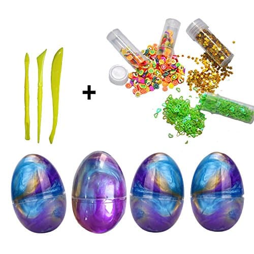Crystal Egg Slime, BREEZO 4 Pack Galaxy Fluffy Slime Non-Sticky Non-Scented Stress Relief DIY Toy, Sludge Toy Glitter Putty mixed with 2 Fruit Pack + 1 Star Pack + 1 Heart Pack + 1 Tools Pack, Jumbo Slime Toy for Kids and Adults (Egg Slime)