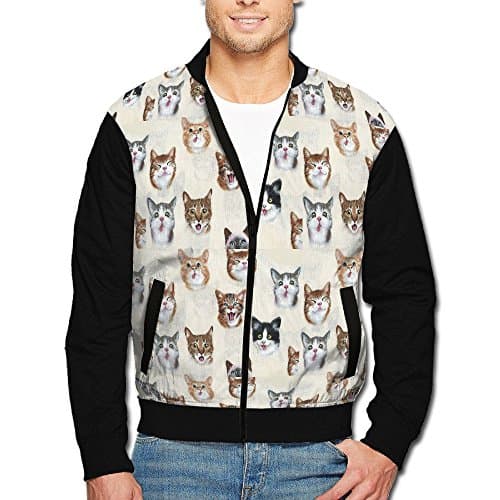 Roajgas Mens Cat Selfies Polyester Stand Collar Front Zip Jacket