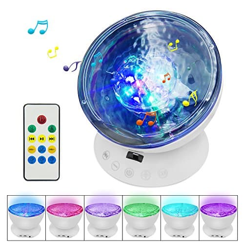 【Newest Design】Testudo Remote Control Ocean Wave Projector 12 LED &7 Colors Night Light with Built-in Mini Music Player,Star Projector for Baby Kids Adults Living Room and Bedroom (White)