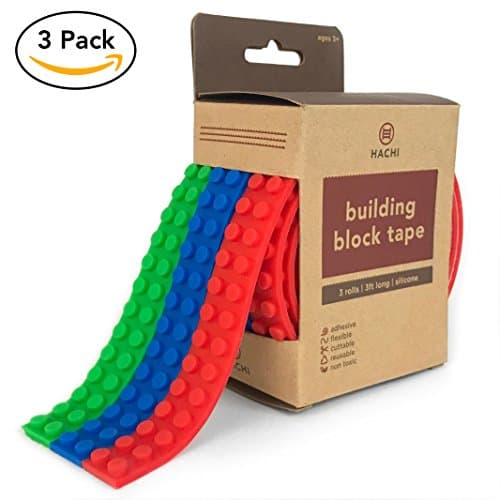 Building Block Adhesive Tape Rolls, 3 Pack with Red, Blue, Green Colors, 9.8ft Total, Compatible for Major Toy Brand Lego Blocks, Non-Toxic Safe Stick Silicone Construction, Kids Any Age can Play