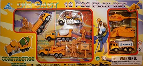Construction Series 10 piece Die Cast Play Set with Action Figures Helicopter Motorcycle Bulldozer Truck Race Car Toys Assorted for Kids, Boys or Girls - Free Wheeling